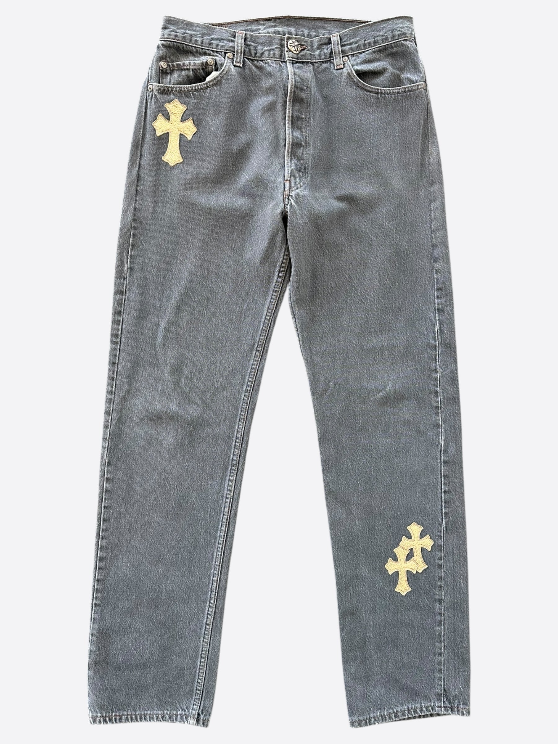 Chrome Hearts x Levi's Grey & Gold Cross Patch Distressed Denim Jeans - Stylish Vintage Look for Casual Wear & Street Fashion
