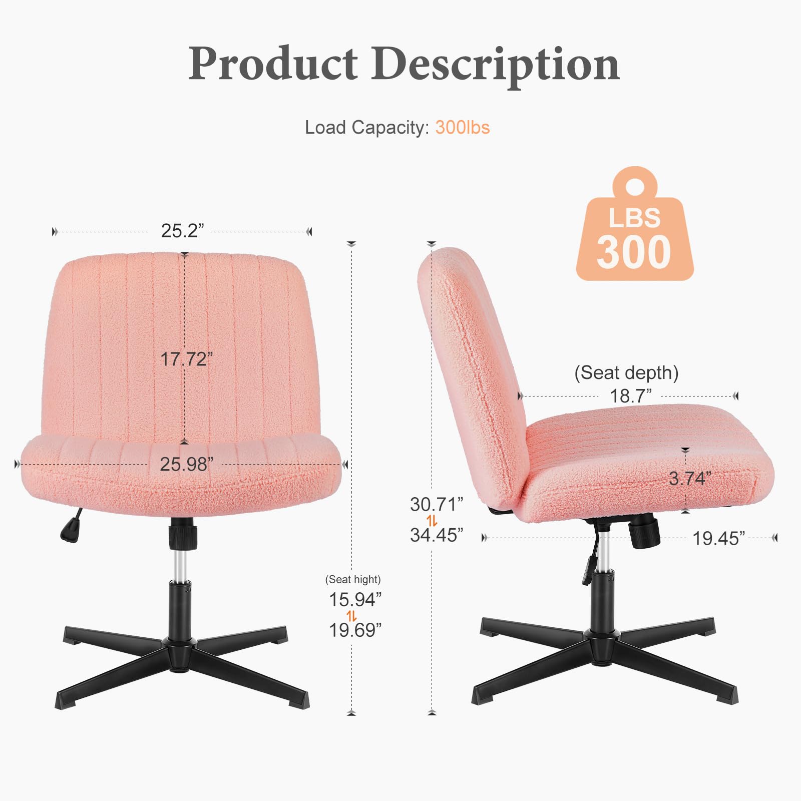 Sweetcrispy Criss Cross Chair - Armless Office Desk Chair No Wheels, Swivel Vanity Chair with Height Adjustable Wide Seat - Modern Fabric Computer Task Chair in Pink - Perfect for Home Office, Dressing Room & Workspace