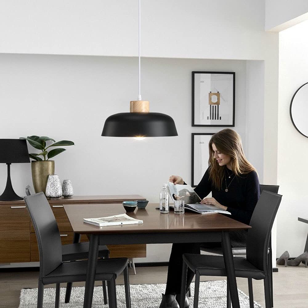 Nordic Wood Hanging Light - Modern Metal Lampshade Pendant Lighting with Wooden Dome, Black Suspension Lamp for Kitchen Island, Dining Room, Coffee Bar & Home Decor | Perfect for Farmhouse, Industrial & Scandinavian Interior Design