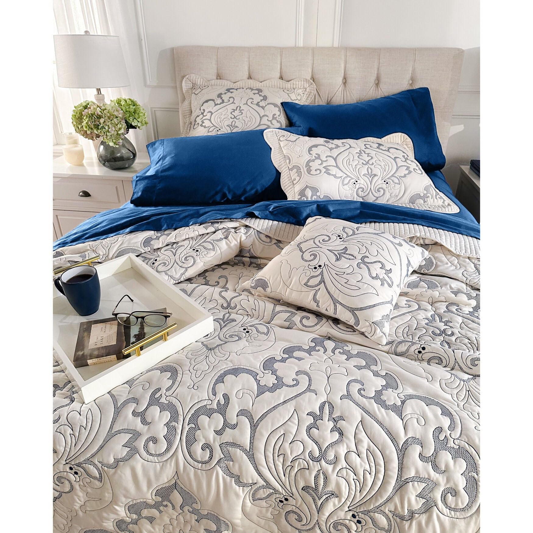 BrylaneHome Lightweight All-Season Amelia Quilted Damask Bedspread - Ultra Soft Oversized King Bedding in Ivory & Navy | Perfect for Modern Bedrooms, Guest Rooms & Cozy Home Decor