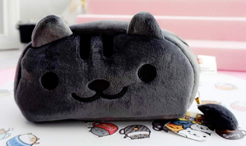 GK-O Neko Atsume Cute Cat Plush Pencil Case - Cartoon Makeup Cosmetic Bag for School & Travel (Deep Gray with Black Eyes) - Perfect for Students, Office & Gift Giving