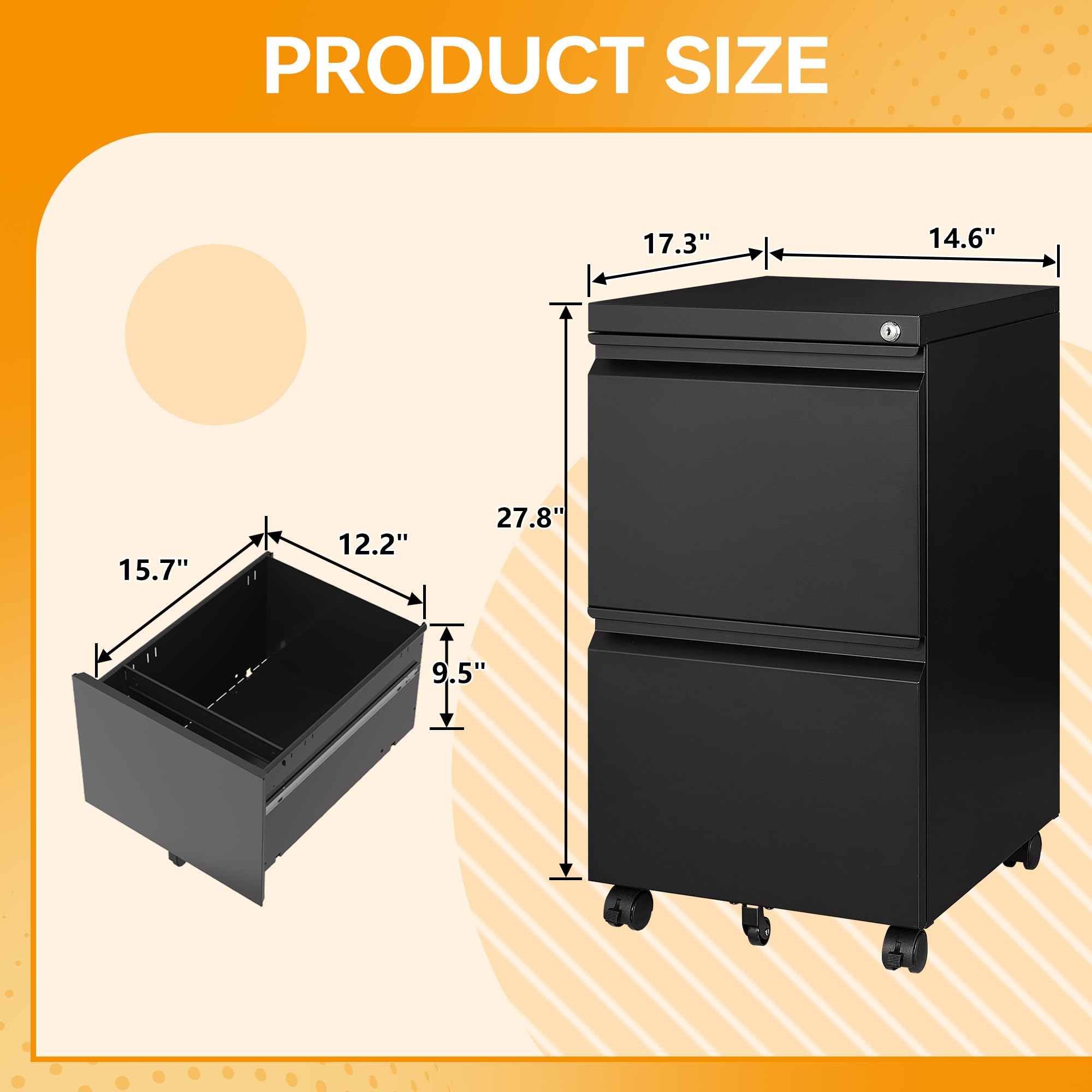 2-Drawer Mobile File Cabinet with Lock & Wheels - Black Metal Rolling File Cabinet for Home Office, Under Desk Storage, Printer Stand - Fully Assembled & Ready to Use