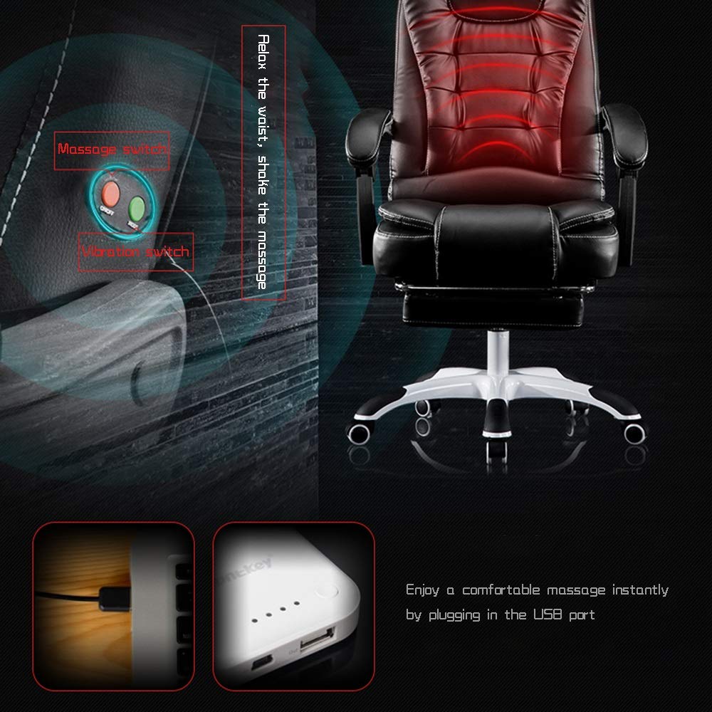 Ergonomic Racing Office Chair with Footrest & Massage - High Back PU Leather Gaming Chair for Computer & Desk - 330 Lbs Weight Capacity (White) - Perfect for Home Office, Gaming Setup & Workstation Comfort