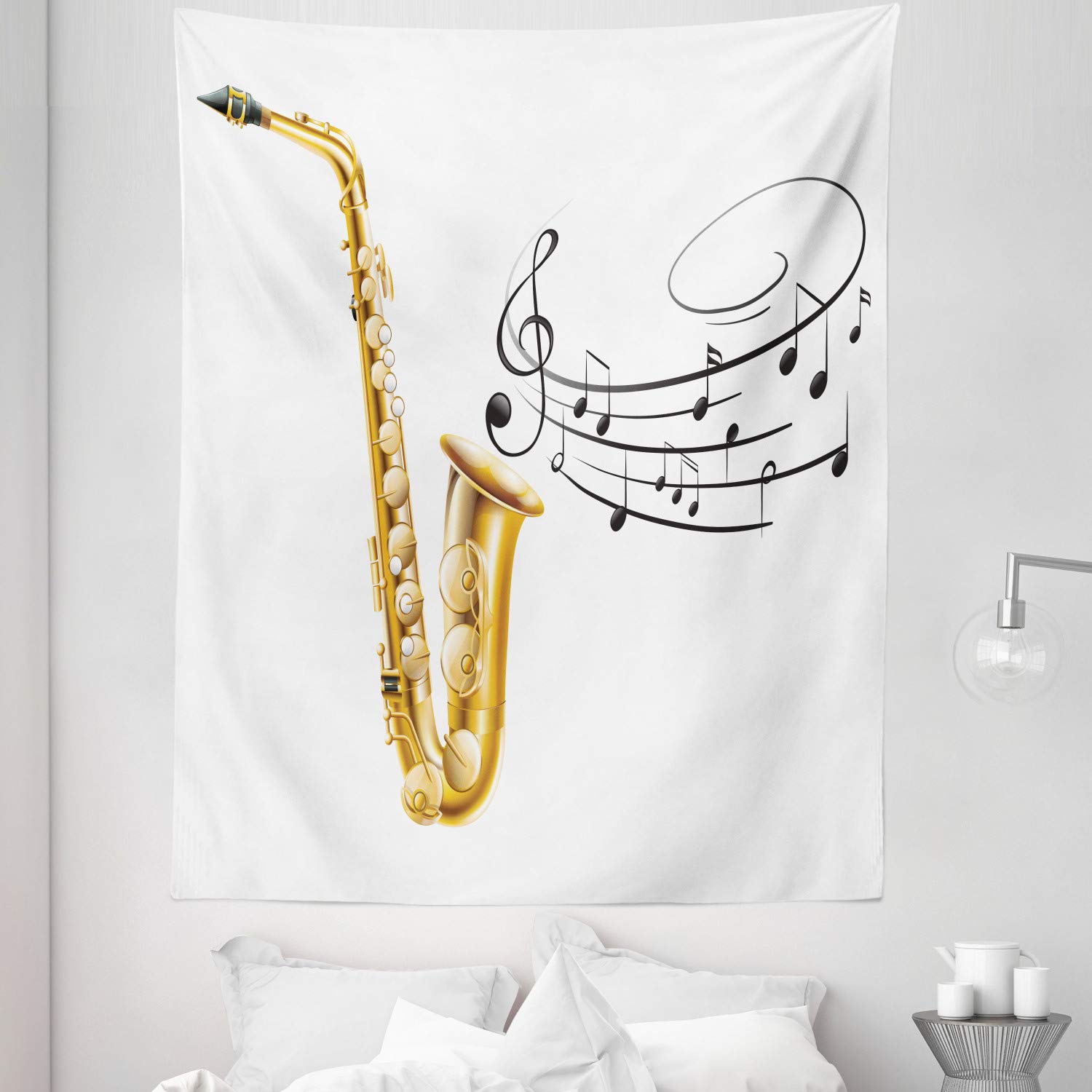Ambesonne Music Tapestry Twin Size - Vintage Saxophone Art Print Wall Hanging, 68x88 Inches Yellow Black White - Jazz Decor for Bedroom, Dorm, Studio & Music Lover Gifts