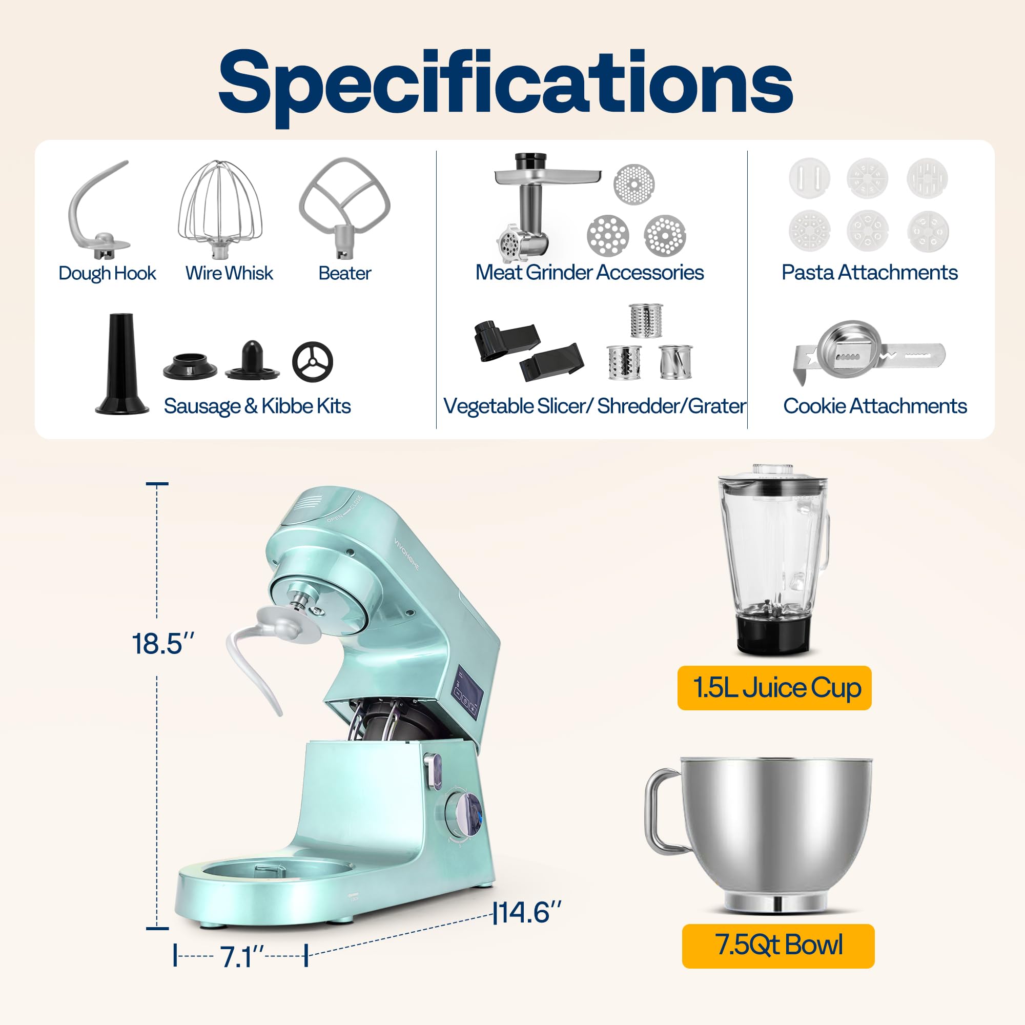 VIVOHOME 9-in-1 Multifunctional Stand Mixer with Fermentation Function, 6-Speed 7.5-Quart Electric Kitchen Mixer with Timer - Includes Meat Grinder, Juice Blender, Vegetable Slicer, Pasta & Cookie Maker (Blue) - Perfect for Baking, Cooking, Meal Prep & Homemade Juices