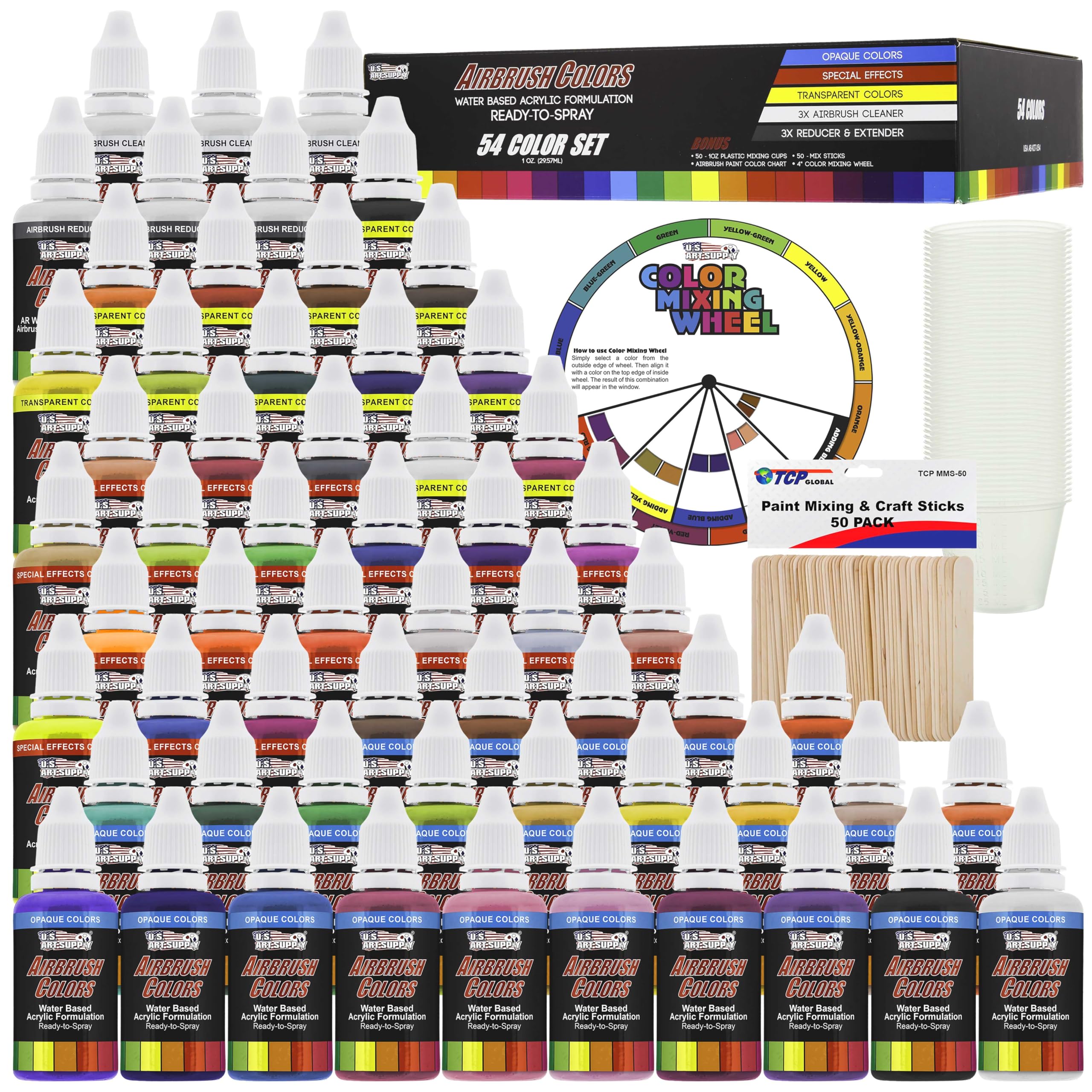 54-Color Ultimate Acrylic Airbrush & Leather Paint Set for Shoes, Crafts, DIY - Includes Cleaner, Thinner, 50 Mixing Cups, 50 Wooden Sticks & Color Wheel | Perfect for Airbrush Art, Leather Repair, Shoe Customization & Hobby Projects