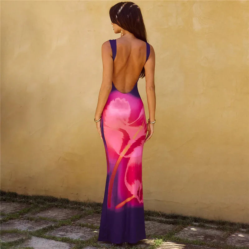 Sexy Backless Maxi Dress for Women - Elegant Square Neck Sleeveless Bodycon Ruched Long Gown | Perfect for Evening Parties, Date Nights & Special Occasions