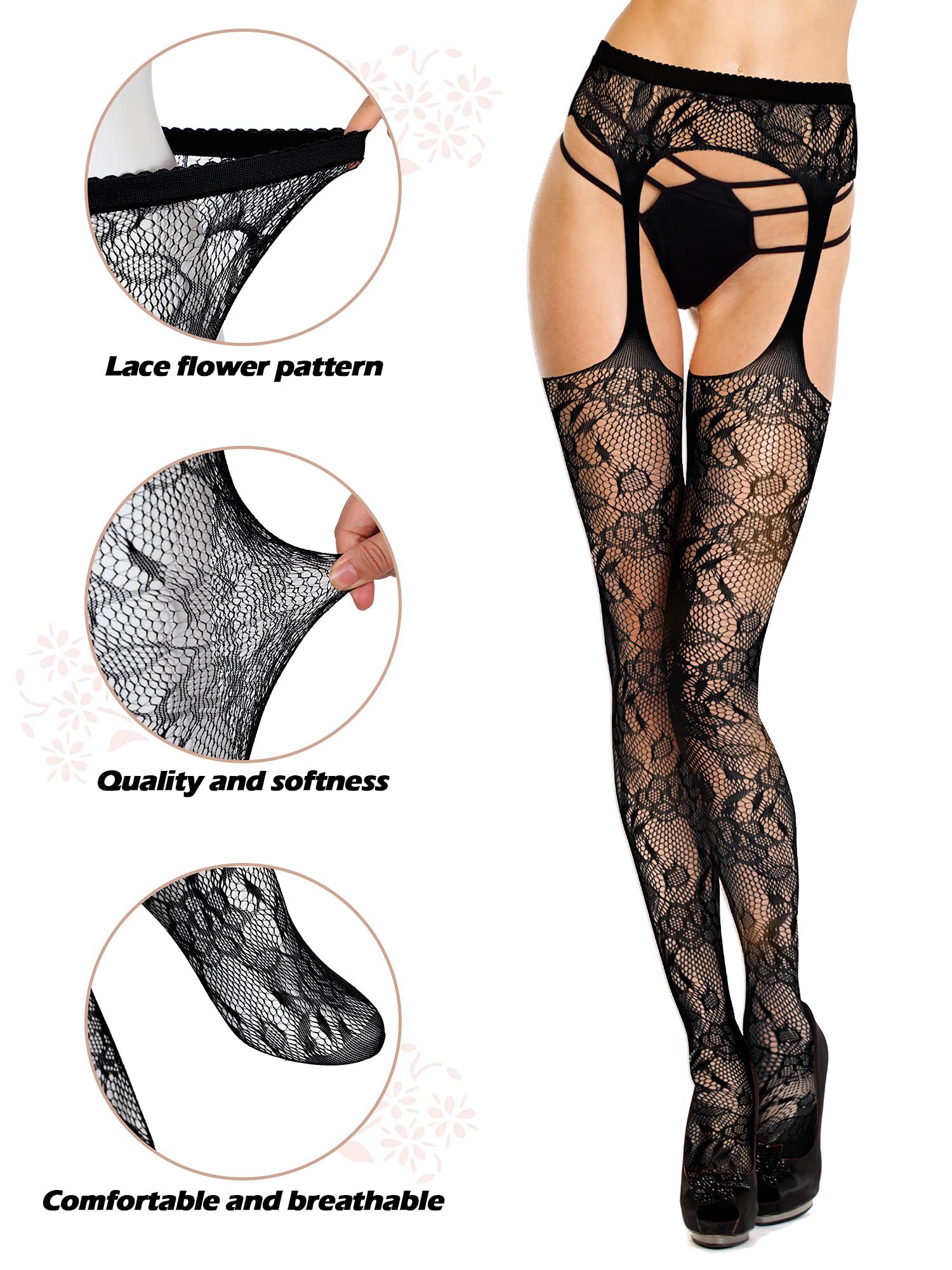 Geyoga 2PC Floral Lace Suspender Stockings & Garter Belt - Women's Black Fishnet Tights for Party & Cosplay