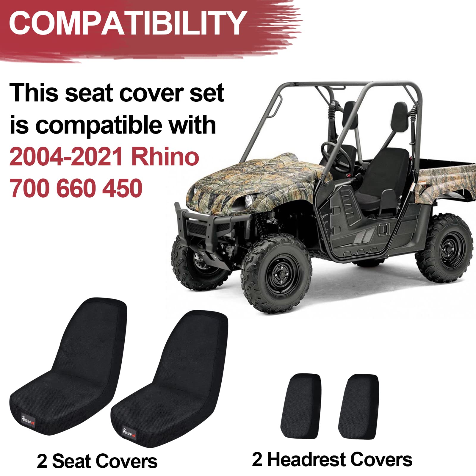 StarknightMT UTV Waterproof Rhino Seat Covers - Heavy Duty 1680D Fabric Black - Compatible with Yamaha Rhino 700/660/450 Models (2004-2021) - Perfect for Off-Roading, Hunting & Outdoor Adventures
