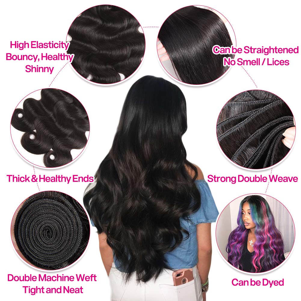 9A Brazilian Human Hair Body Wave Weft - 3 Bundles 100% Unprocessed Virgin Remy Hair Extensions - Black Color (18