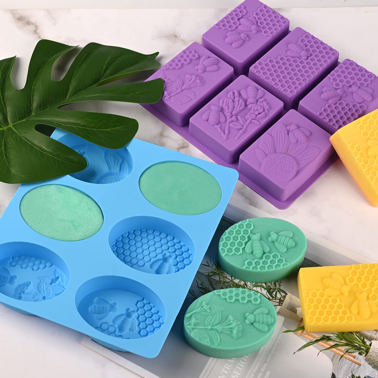 Sakolla 2 Pack 6 Cavity Bee Silicone Soap Molds - Rectangle Oval Honeycomb Design for DIY Soap Making, Wax Melts, Beeswax, Cake & Chocolate Baking - Perfect for Handmade Gifts, Party Favors and Home Crafting