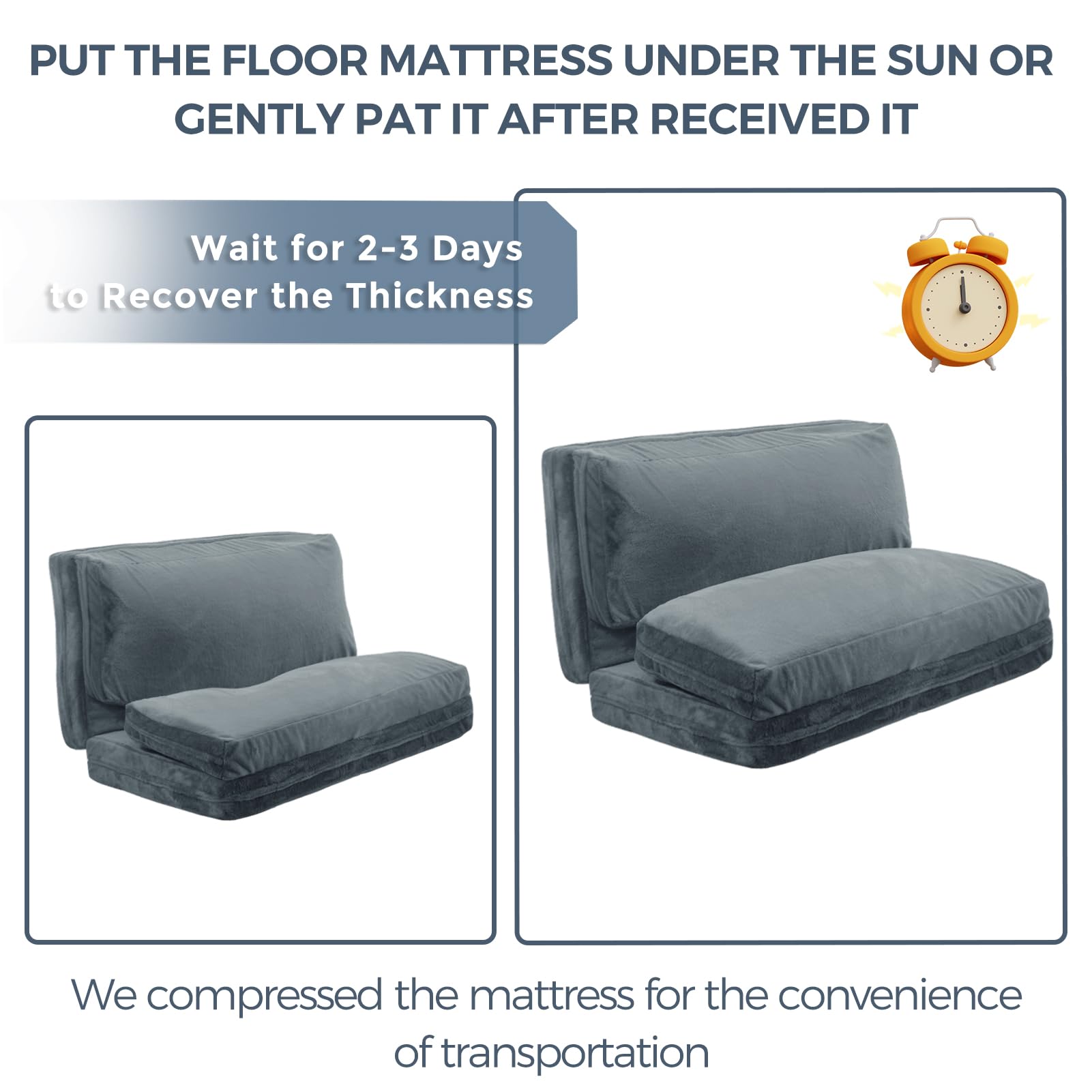 MAXYOYO Extra Thick Folding Bean Bag Sofa Bed - 54x95 Inch Large Floor Mattress for Adults with Washable Faux Fur Cover, Dusty Blue - Perfect for Bedroom, Living Room, Dorm & Guest Room - Versatile as Floor Couch, Lounger or Temporary Guest Bed