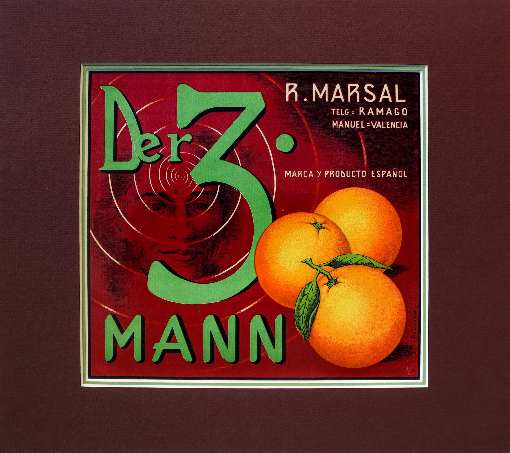 Original 1930s-1940s Vintage Spanish Label Poster - Der 3 Mann by R. Marsal (Matted) - Classic Movie Memorabilia for Home Theater Decor & Vintage Collectors