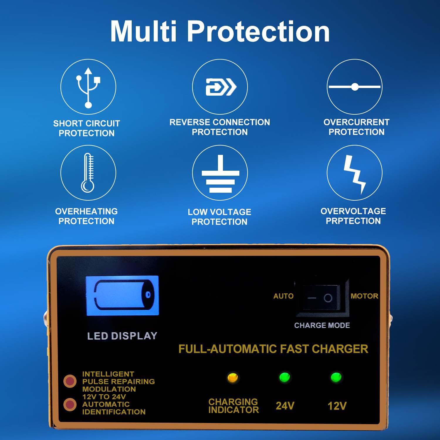 12V 24V Smart Battery Charger for Lead Acid Batteries - 250W 10A Trickle Charger & Maintainer with LED Display - Perfect for Cars, Boats, Motorcycles & RV Battery Maintenance