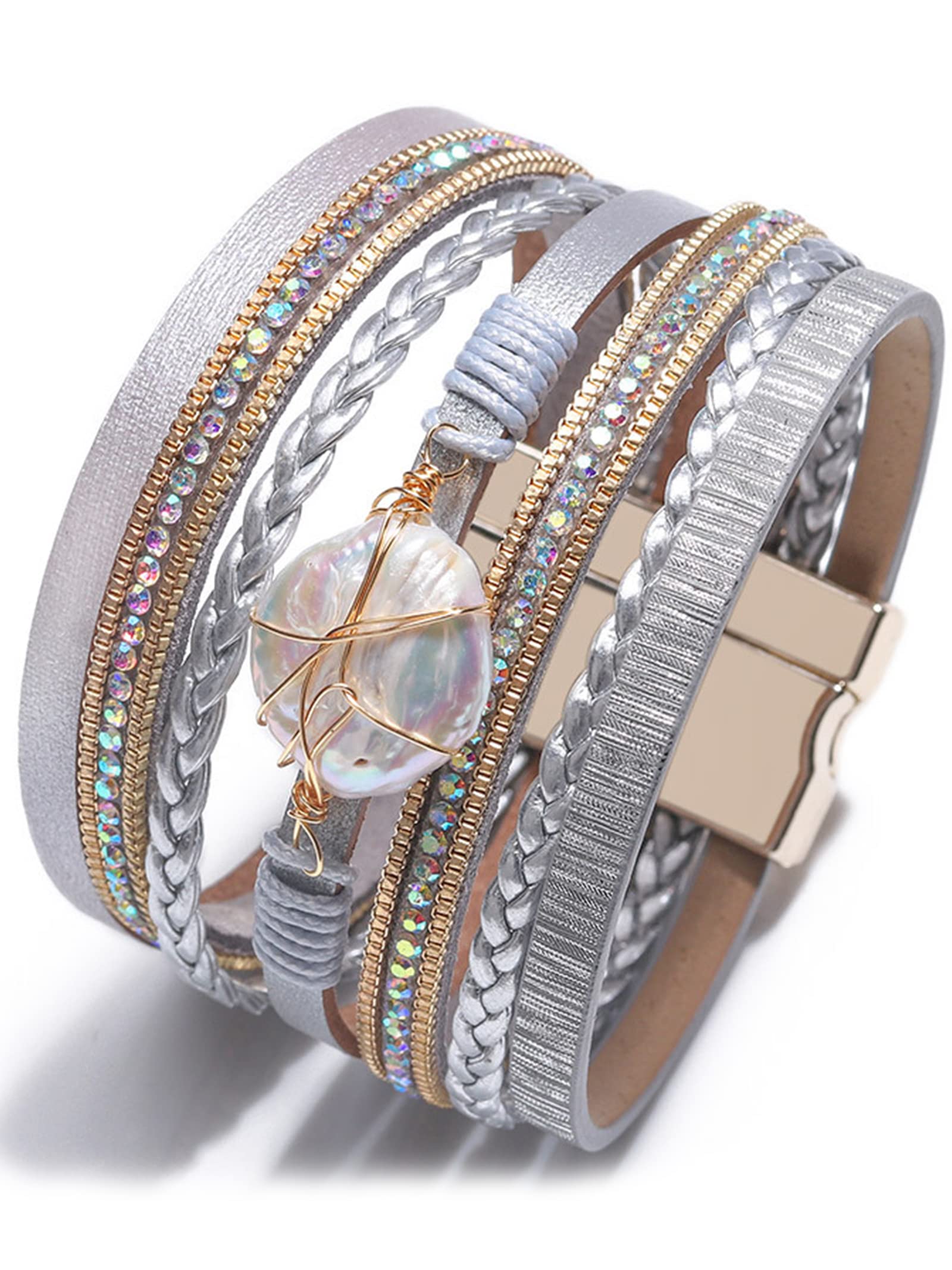 Trendy Blue Leather Wrap Bracelet for Women - Stackable Multi-Layer Cuff Bracelet, Western Style Jewelry | Perfect for Boho Fashion, Layered Arm Candy & Everyday Accessories