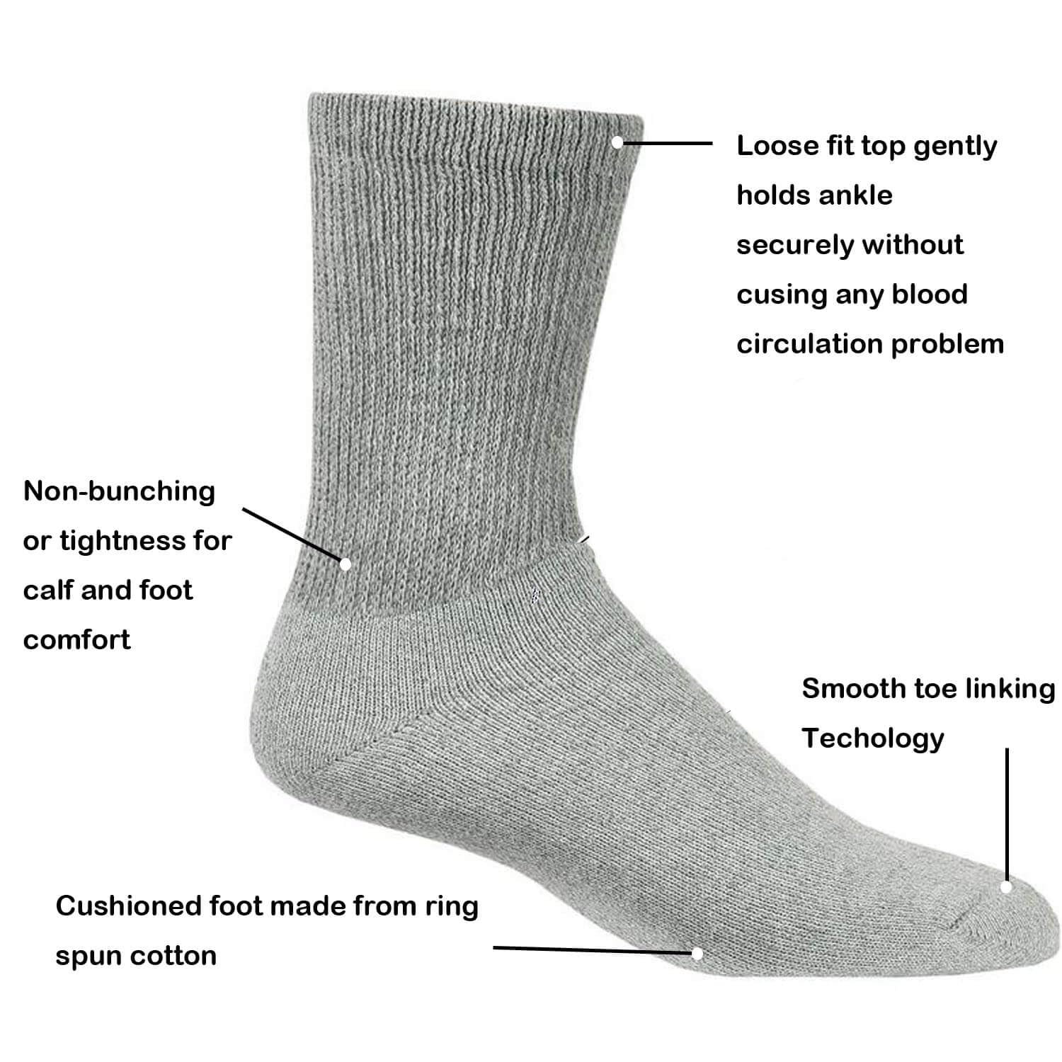Men's & Women's Diabetic Crew Socks 6-Pack - Soft Cotton Non-Binding Top with Cushioned Sole for Foot Comfort (Black, Size 9-11) - Ideal for Daily Wear, Diabetes Care & Circulation Support