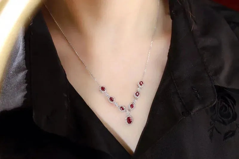 18K White Gold Ruby and Diamond Necklace for Women | Luxury Natural Gemstone Jewelry | Perfect for Senior Banquets, Weddings & Special Occasions
