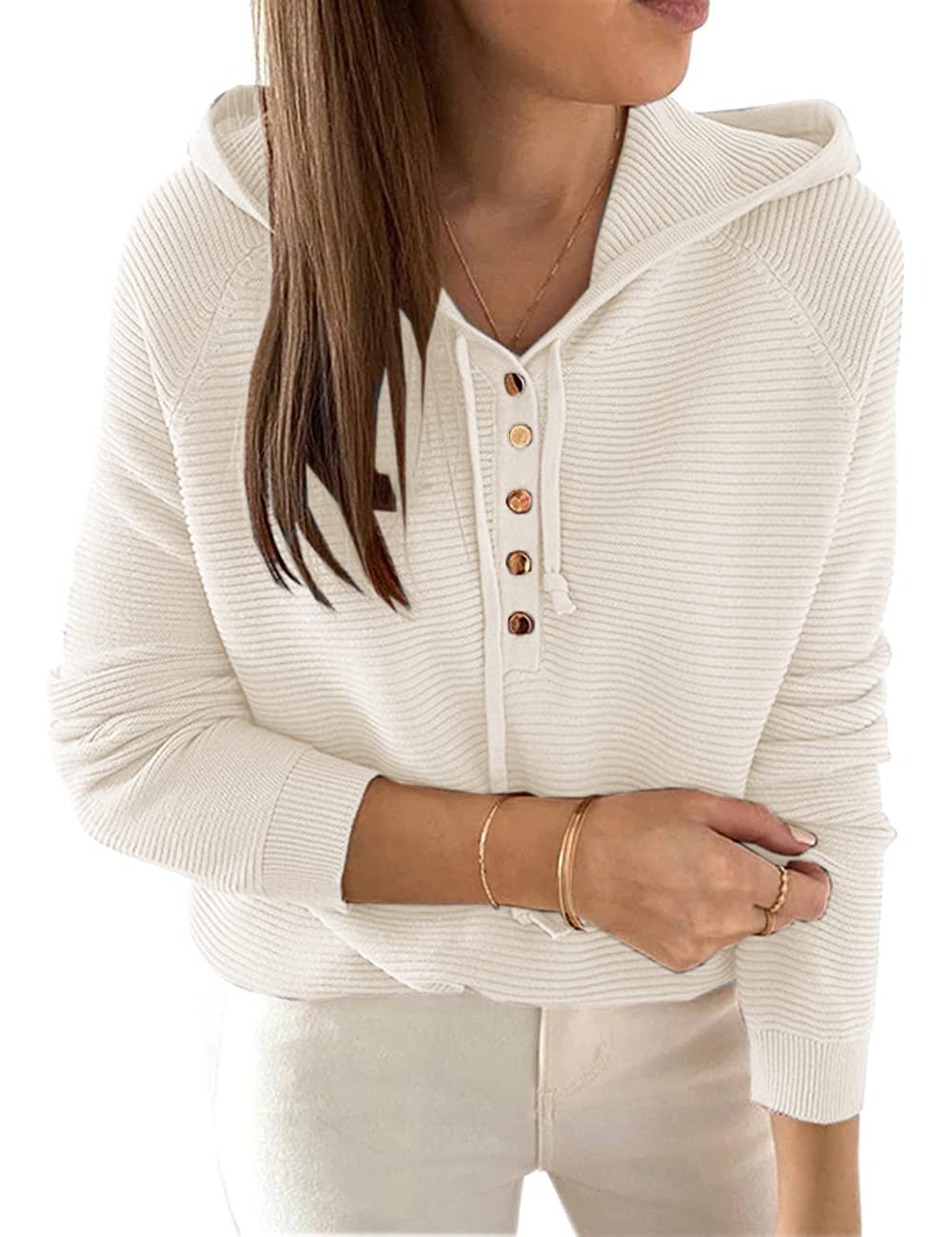 Lrady Women's Casual Pullover Sweater Knit Hoodie Button-Up Sweatshirt - V-Neck Henley Shirt Blouse Tunic Top for Fall & Winter Layering | Cozy Office Wear, Weekend Outfits, and Lounge Comfort