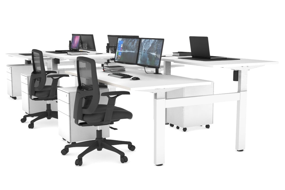 Adjustable 6-Person H Bench Workstation with White Frame - 1400L x 800W, Cable Management Scallop | Perfect for Office, Coworking Spaces & Home Offices
