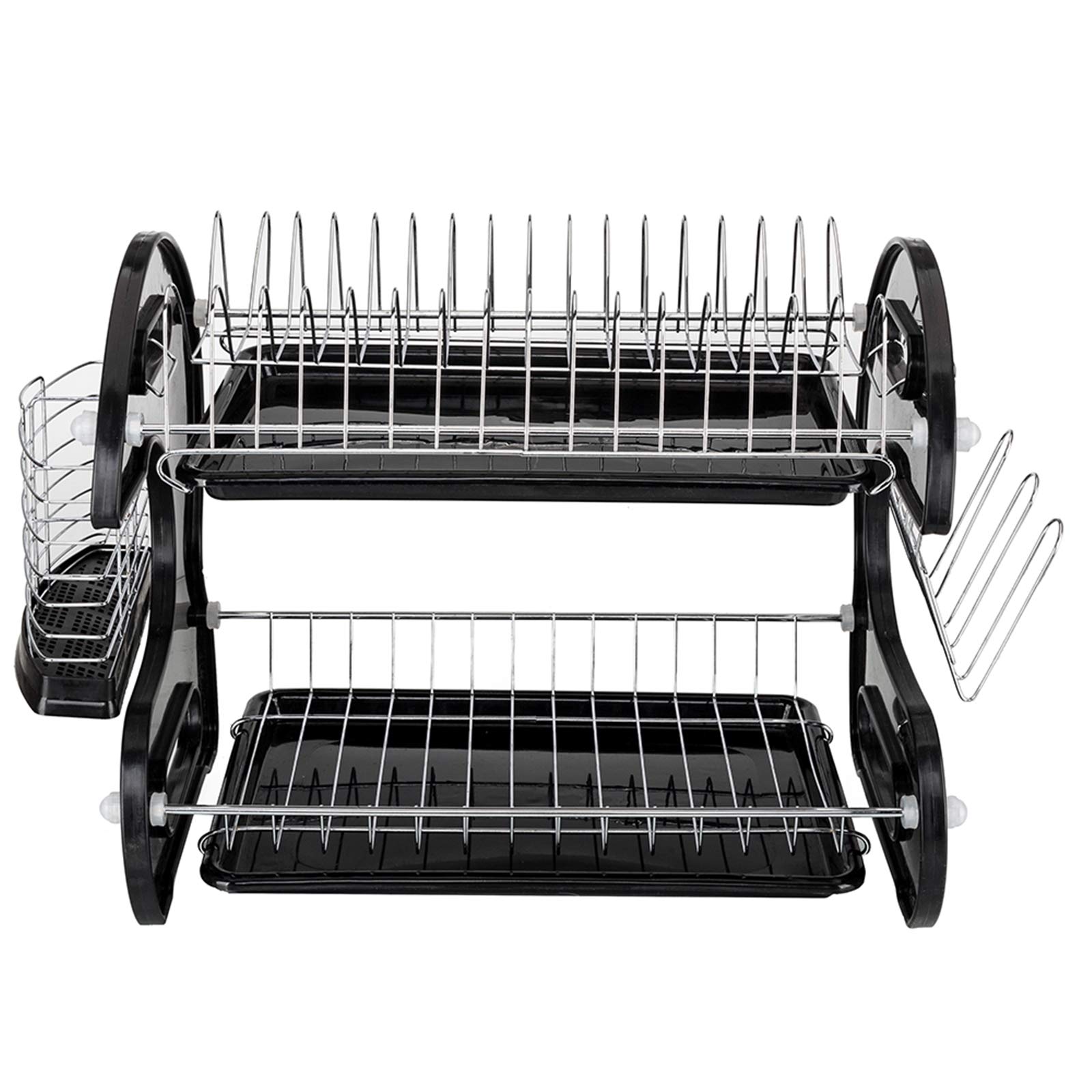 2-Tier Plastic Dish Drying Rack with Drainboard & Utensil Holders - Space Saving Kitchen Counter Organizer for Plates, Cups & Cutlery (Black/Silver, 17.3