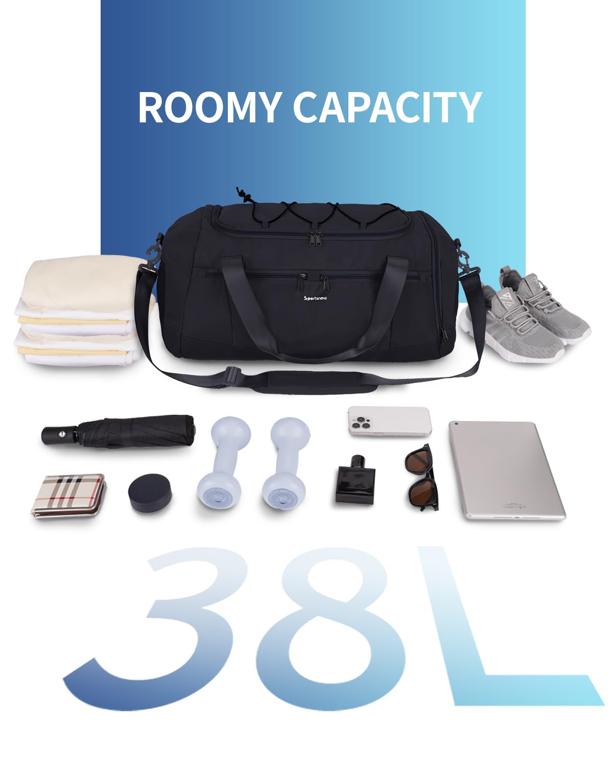 Sportsnew 38L Gym Bag for Men & Women - Durable Travel Duffel with Shoe Compartment, Wet Pocket & 15.6