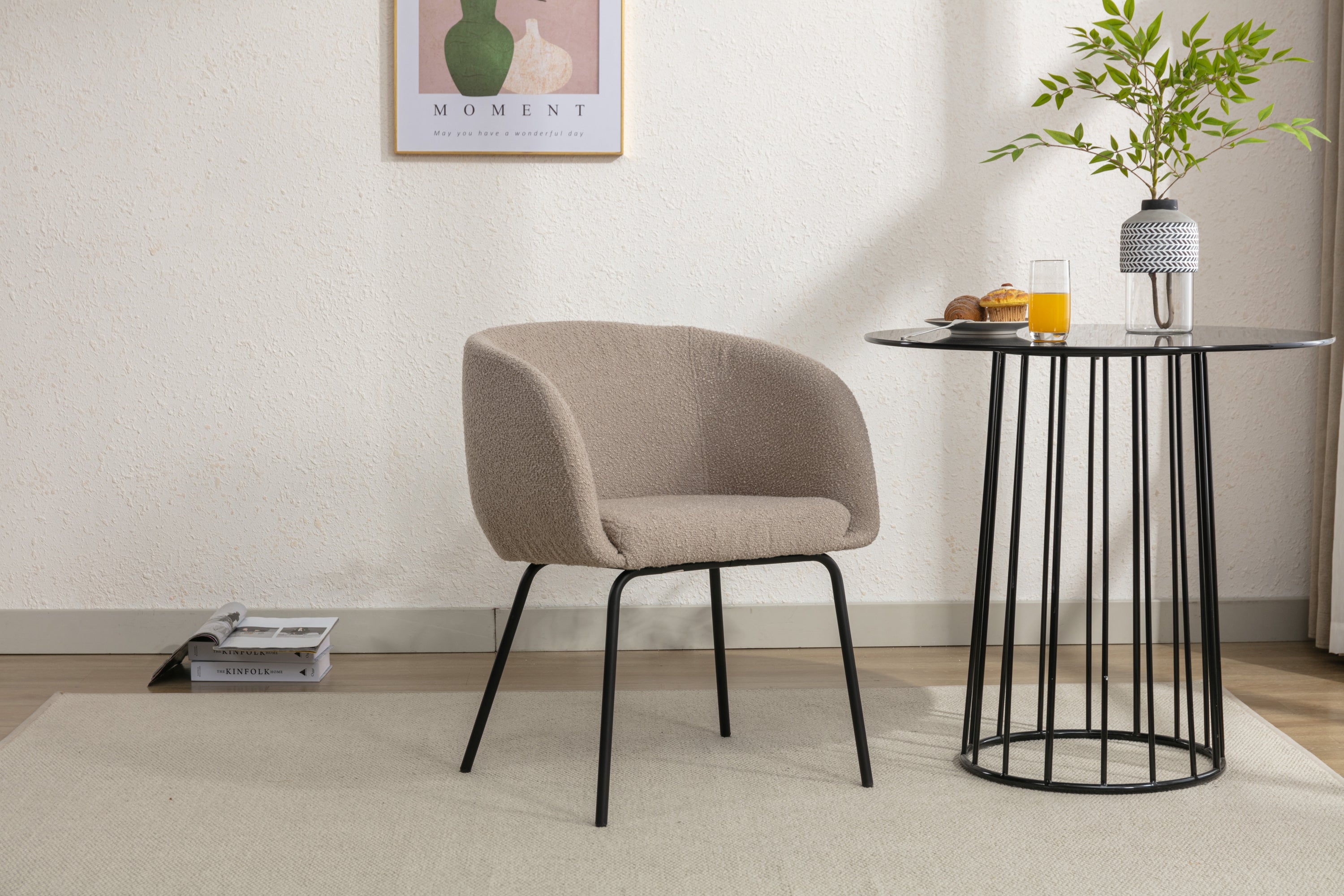 Boucle Fabric Dining Chair with Black Metal Legs - Set of 1 - Modern Upholstered Accent Chair for Kitchen, Dining Room, or Office