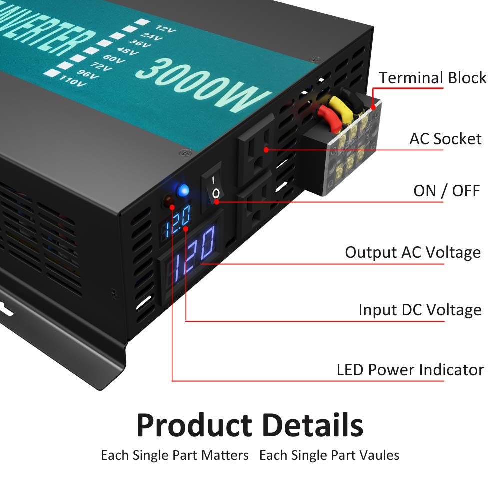 3000W 12V Pure Sine Wave Power Inverter with Remote Control - Solar Energy Converter for RV, Boat, Off-Grid & Emergency Power - 110V~120V AC Output for Home Appliances & Outdoor Use