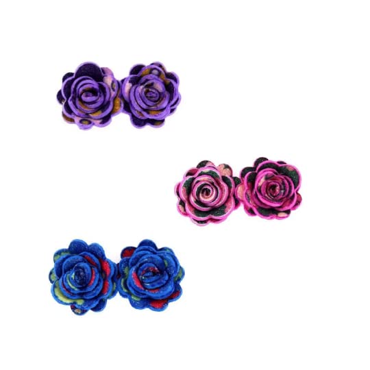 Rose Stud Earrings for Women - Set of 3 Floral Earrings (Blue, Pink) | Dainty Petal Flower Studs for Everyday Wear, Gift Giving & Special Occasions