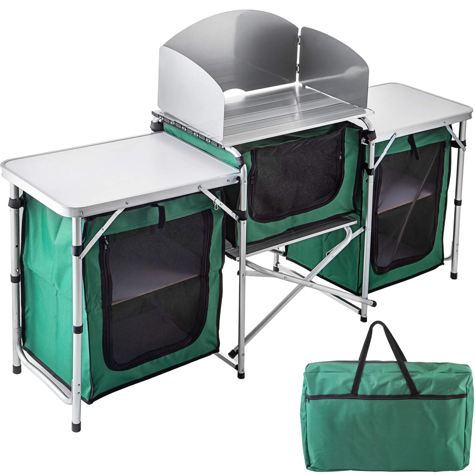 Portable Aluminum Folding Camping Kitchen Table with Storage Organizer & Windscreen - Lightweight Quick Setup Outdoor Cook Station for BBQ, Picnic, RV Camping & Tailgating Parties - Perfect for Backyard Grilling, Beach Cookouts & Family Camping Trips