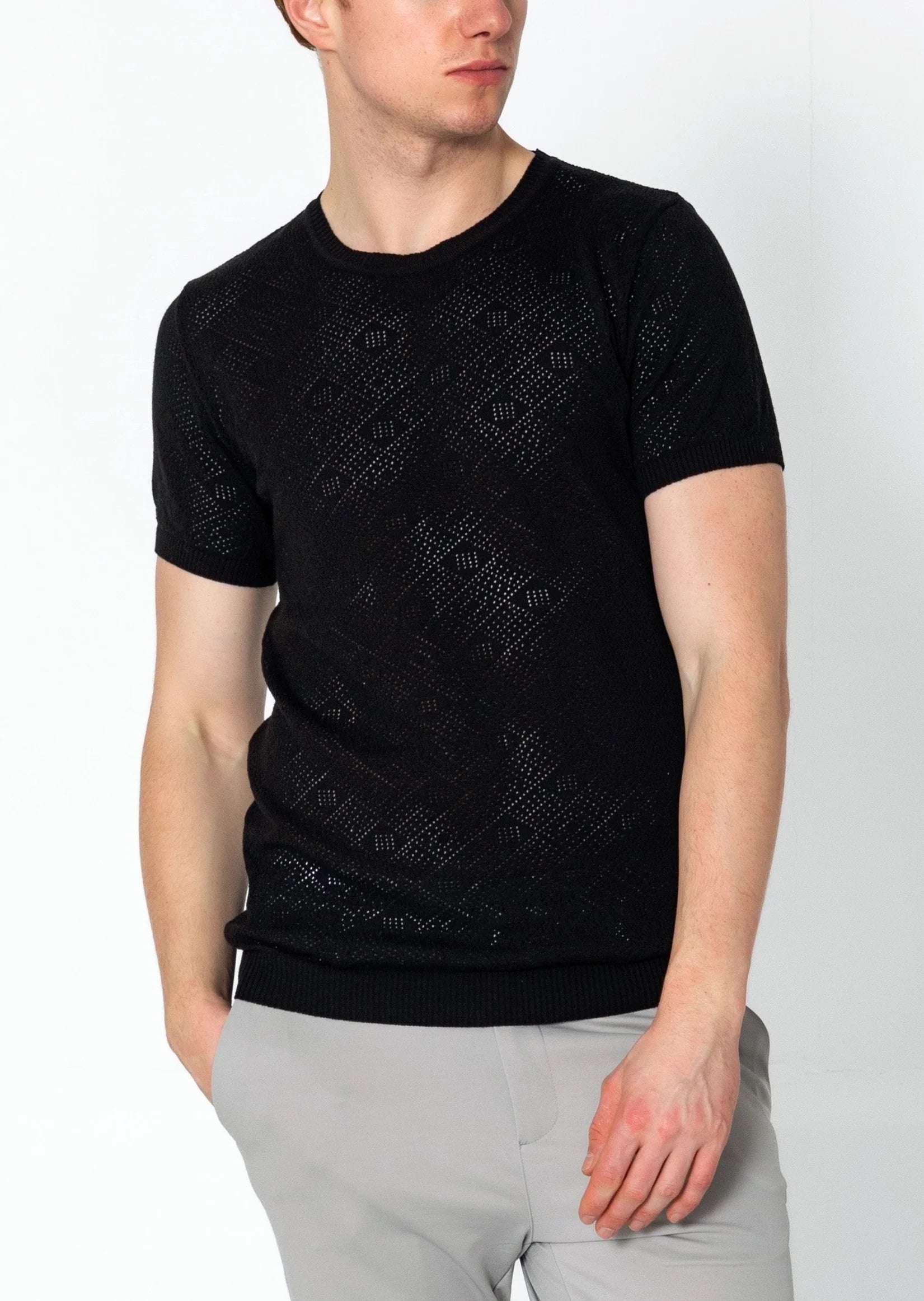 RNT23 Geometric Crochet T-Shirt for Women - Stylish Black Cotton Top for Casual Wear, Summer Outfits & Boho Fashion