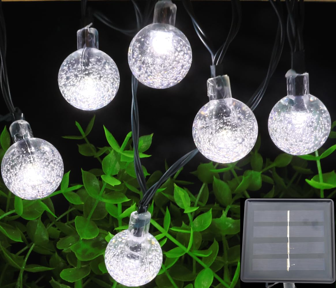 Solar Powered String Lights Outdoor - 20ft Waterproof 30 LED Crystal Globe Fairy Lights with 8 Lighting Modes for Backyard, Patio, Garden, Wedding & Christmas Decorations (White) - Perfect for Holiday Parties, Romantic Evenings and Outdoor Ambiance