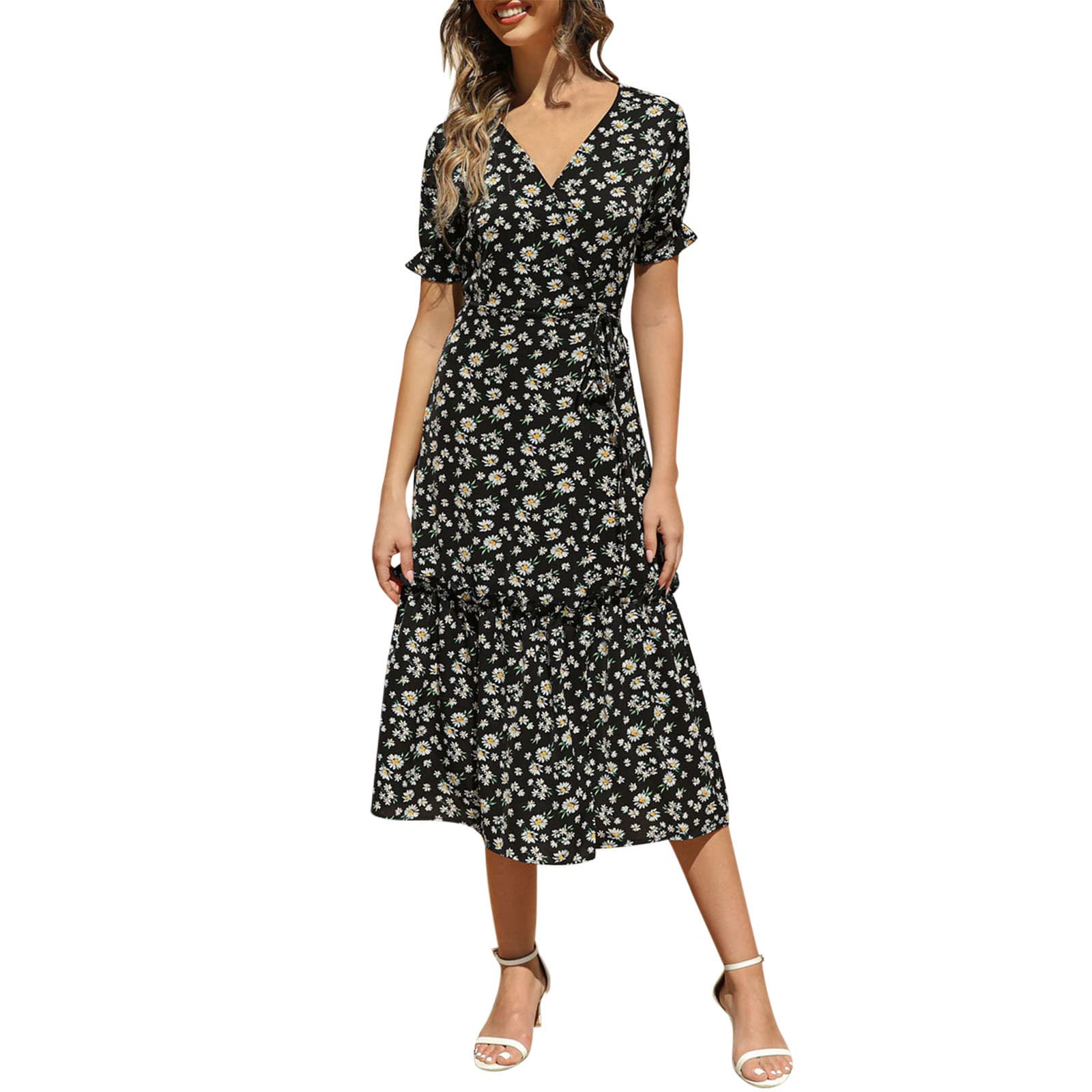 Women's Floral Printed Bohemian V-Neck A-Line Midi Dress - Elegant Casual Short Sleeve Summer Dress for Beach, Party & Everyday Wear