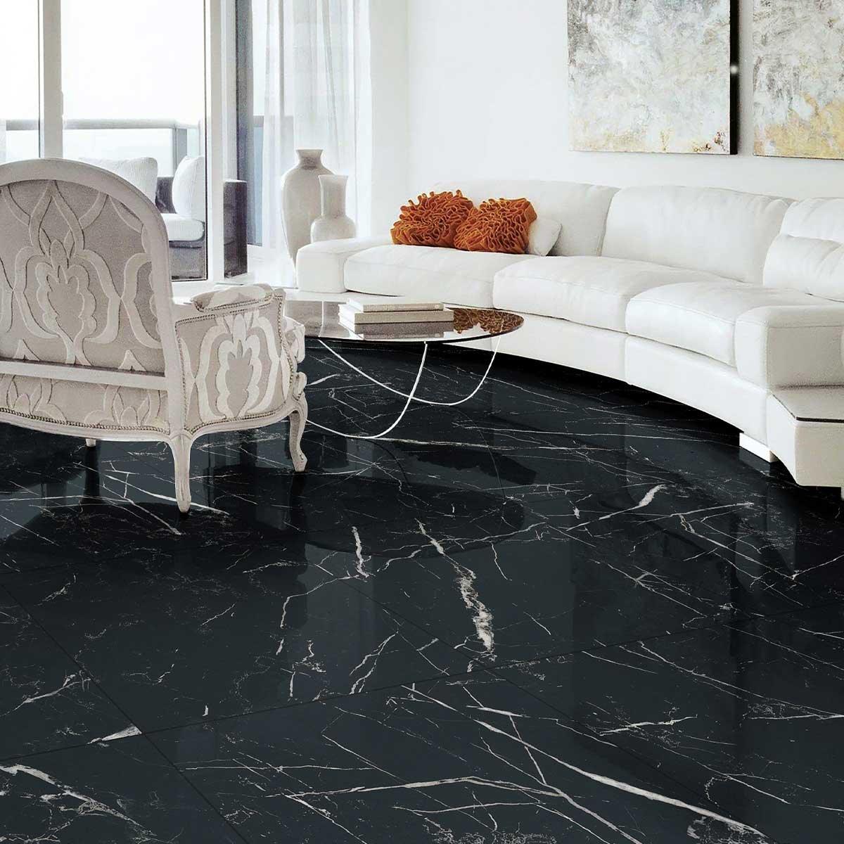 Premium Marble Look Porcelain Tile 24x24 Inch - Nero Marquina Black Polished Finish for Flooring & Wall - Perfect for Bathroom, Kitchen & Living Room Décor