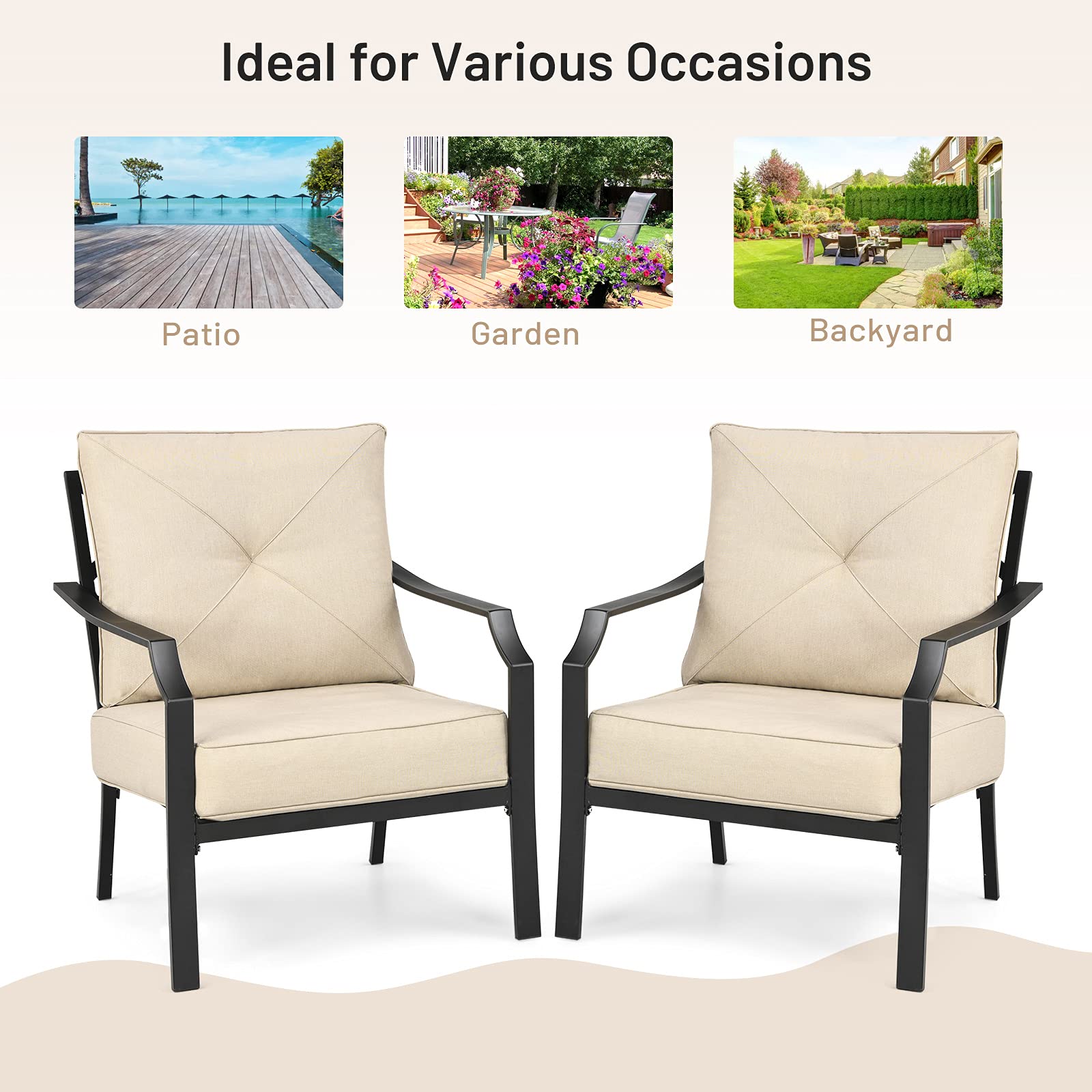 Tangkula 2-Piece Outdoor Dining Chairs Set - Steel Frame Patio Bistro Armchairs with Thick Cushions for Garden, Porch, Backyard & Balcony | Weather-Resistant Beige Lounge Chairs for Relaxing & Entertaining