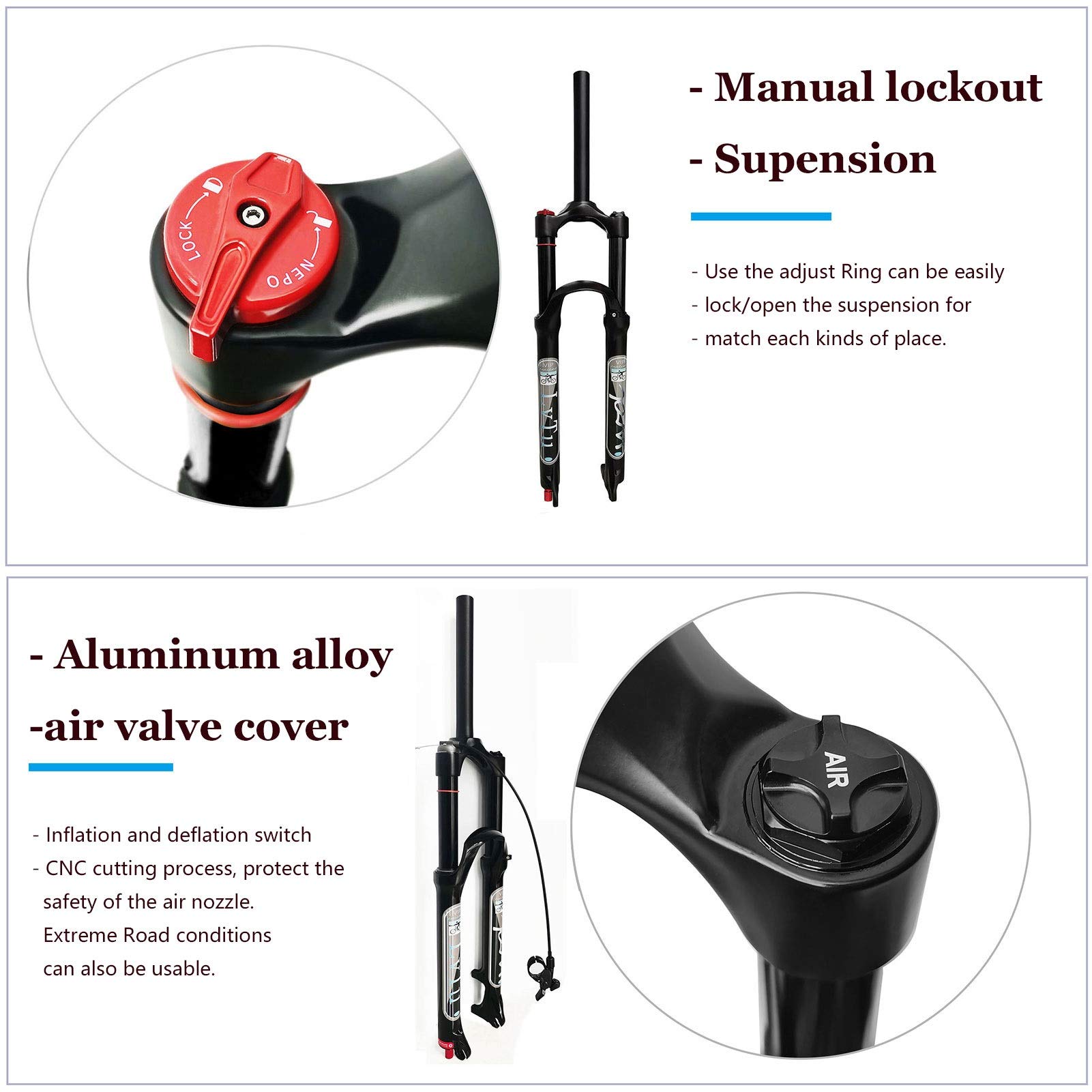 **Mountain Bike Air Suspension Front Fork - 26/27.5/29 Inch, 140mm Travel, Rebound Adjust, QR 9mm, Black (Straight Manual Lock Out) - Perfect for Trail Riding, Downhill & Cross-Country Biking**