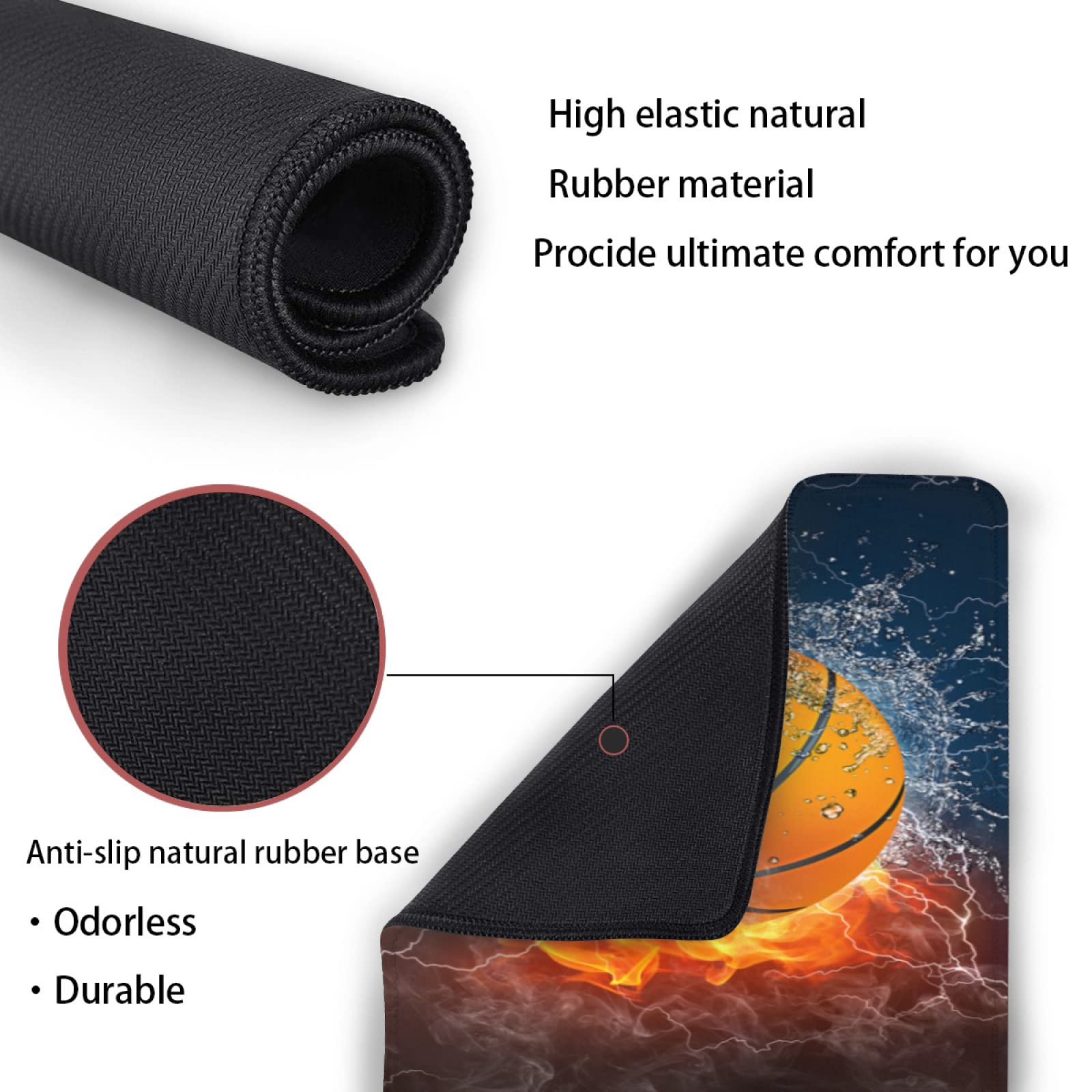 XXL Gaming Mouse Pad 35''×15.7'' - Basketball Fire & Water Design Non-Slip Desk Mat for Office, Computer & Keyboard - Stitched Edges Ergonomic Mousepad - Perfect for Gaming, Work & Home Office Setup