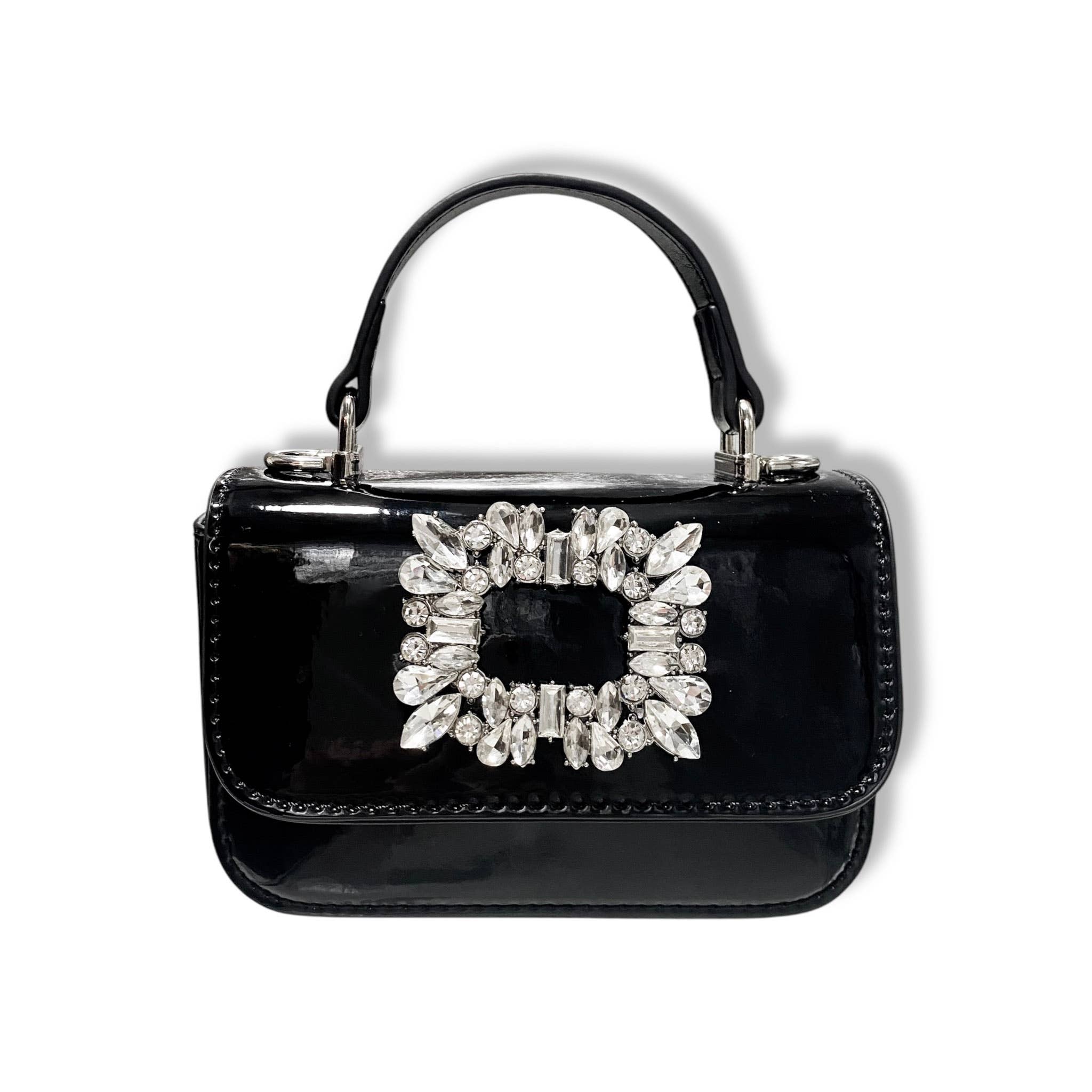 Sparkly Rhinestone Embellished Patent Leather Clutch Purse - Black Evening Bag for Women, Perfect for Parties, Weddings & Special Occasions