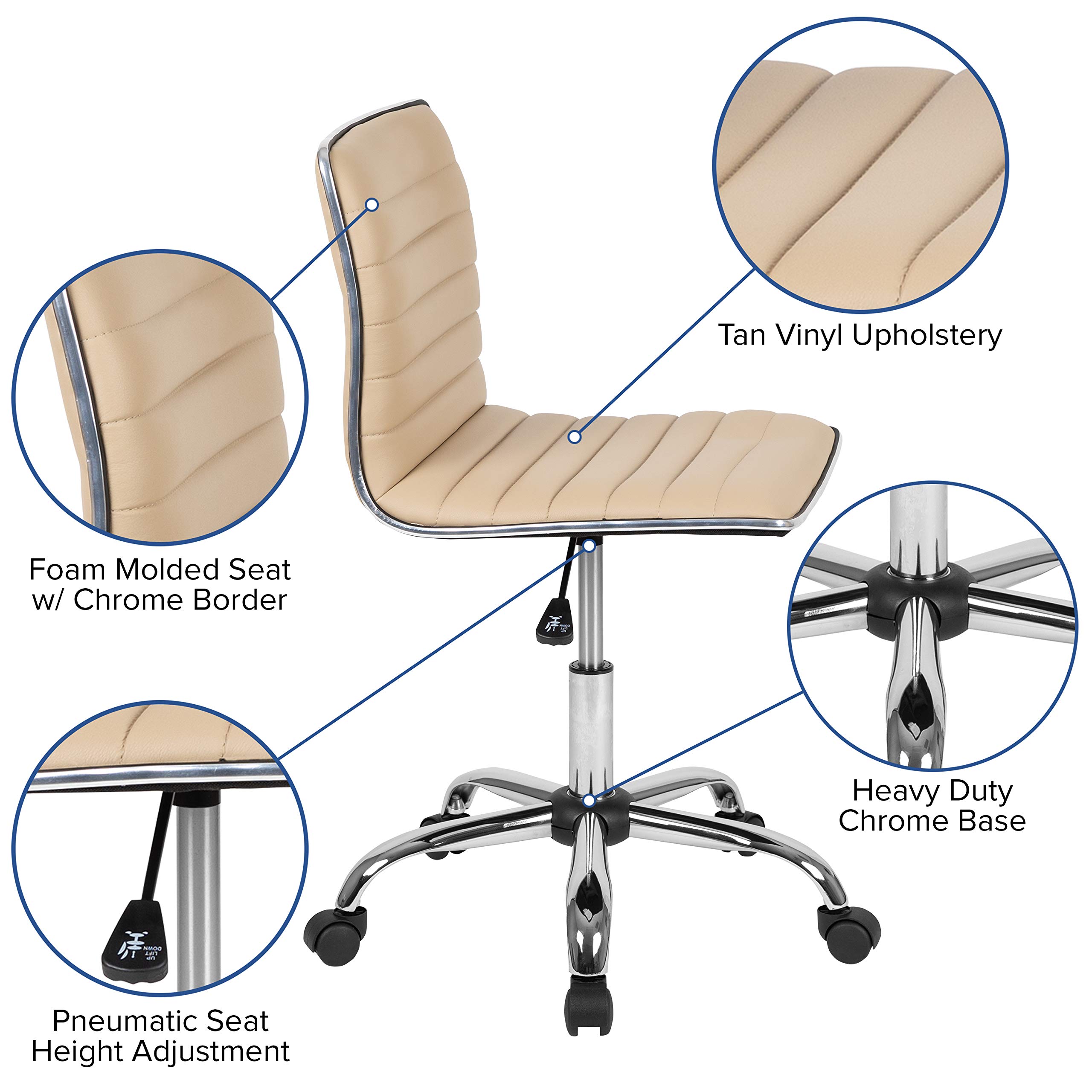 EMMA + OLIVER Low Back Designer Armless Tan Ribbed Swivel Task Office Chair - Ergonomic Desk Chair for Home Office, Gaming & Workspace Comfort