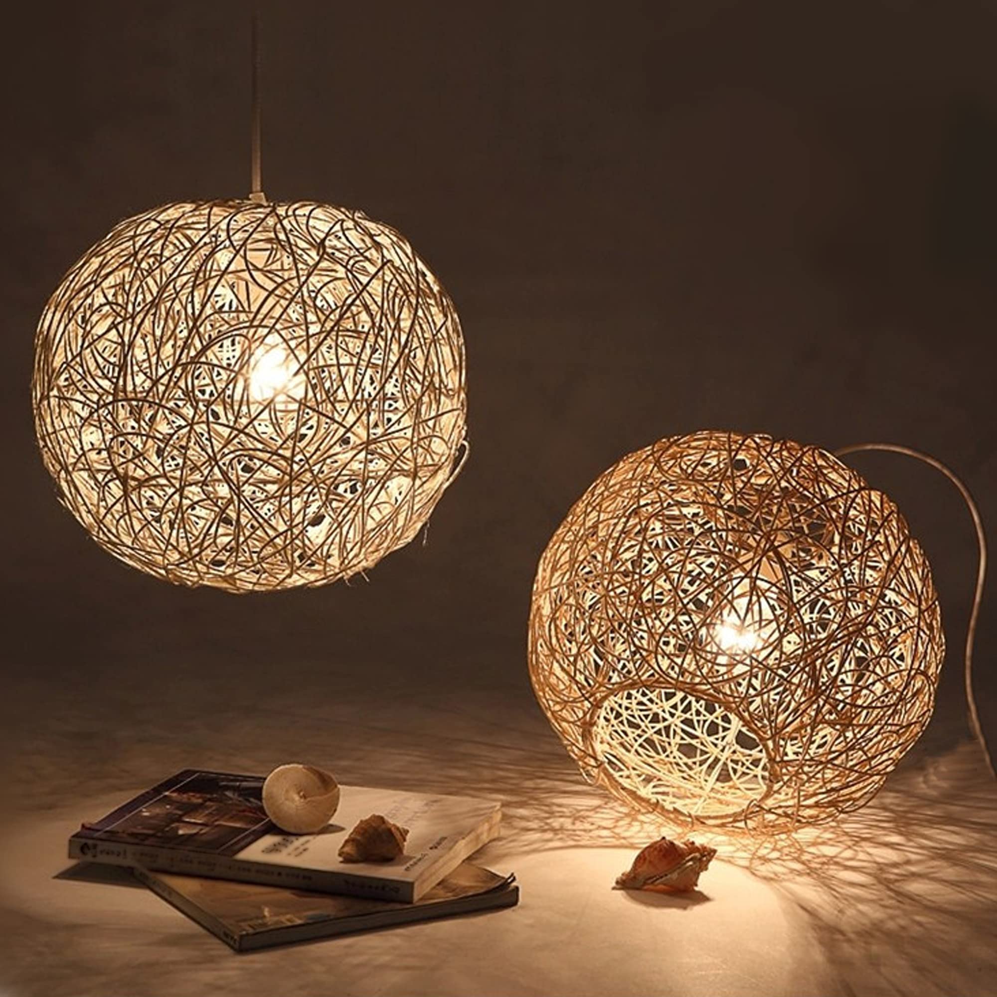 Natural Rattan Swag Pendant Light - 15ft Plug-in UL Dimmable Farmhouse Ceiling Lamp with Twine Lampshade, No Wiring Needed, Portable Chandelier for Bedroom, Living Room, Porch & Dining Room Decor