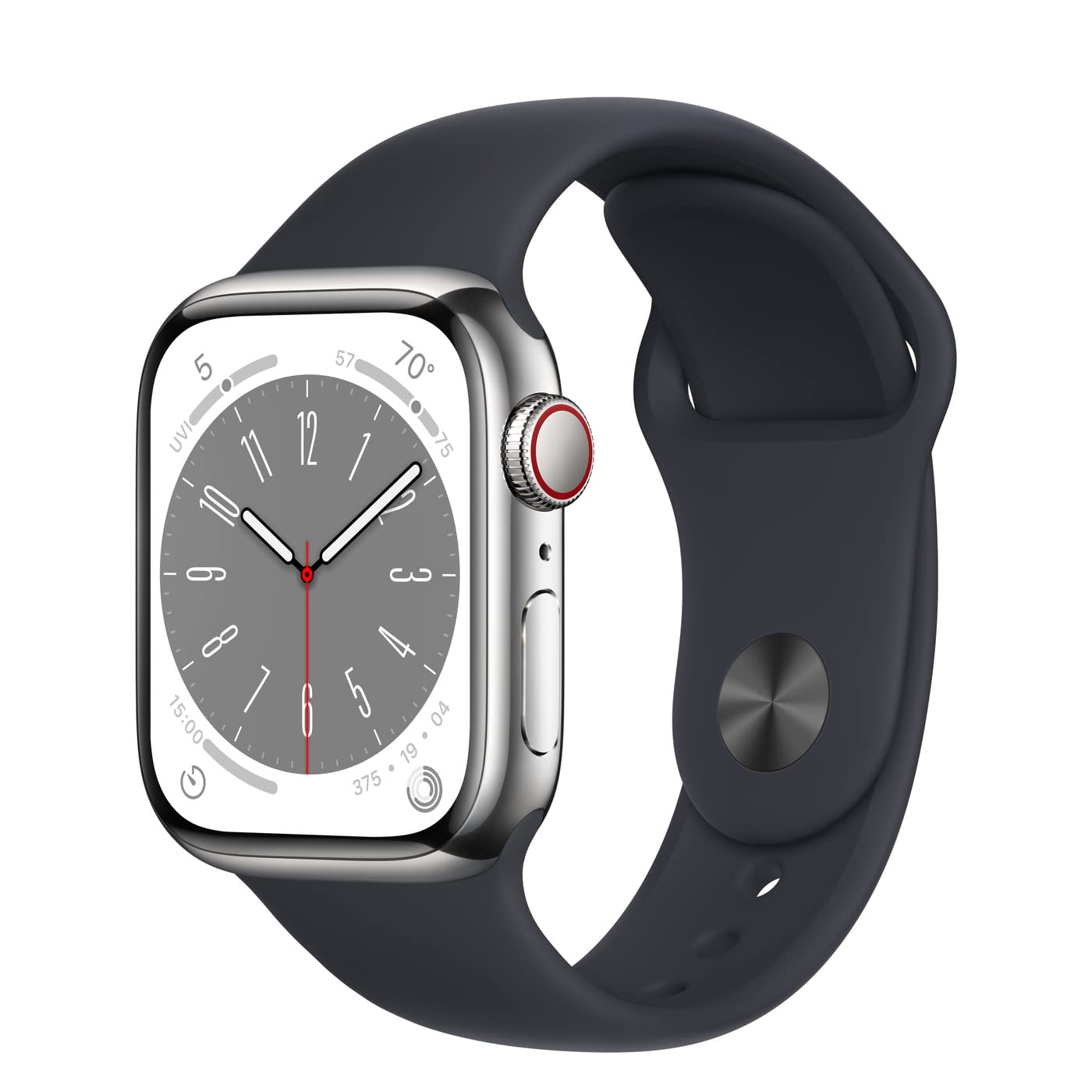 Apple Watch Series 8 GPS + Cellular 41mm Silver Stainless Steel Case with Midnight Sport Band (Renewed) - Smartwatch for Fitness Tracking, Heart Rate Monitoring & Phone Calls | Perfect for Running, Workouts & Daily Use