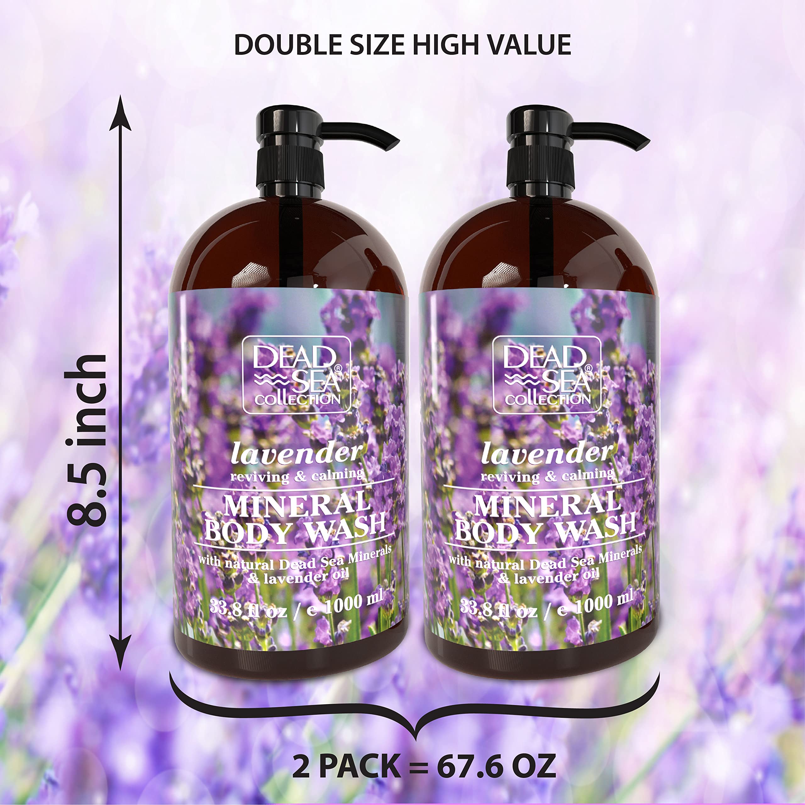 Dead Sea Collection Lavender Body Wash & Bubble Bath Gift Set - 2 x 67.6 fl oz Body Wash + 2 x 33.8 fl oz Kids Bubble Bath with Calming Lavender Scent - Moisturizing Bath Essentials for Relaxation & Sensitive Skin Care