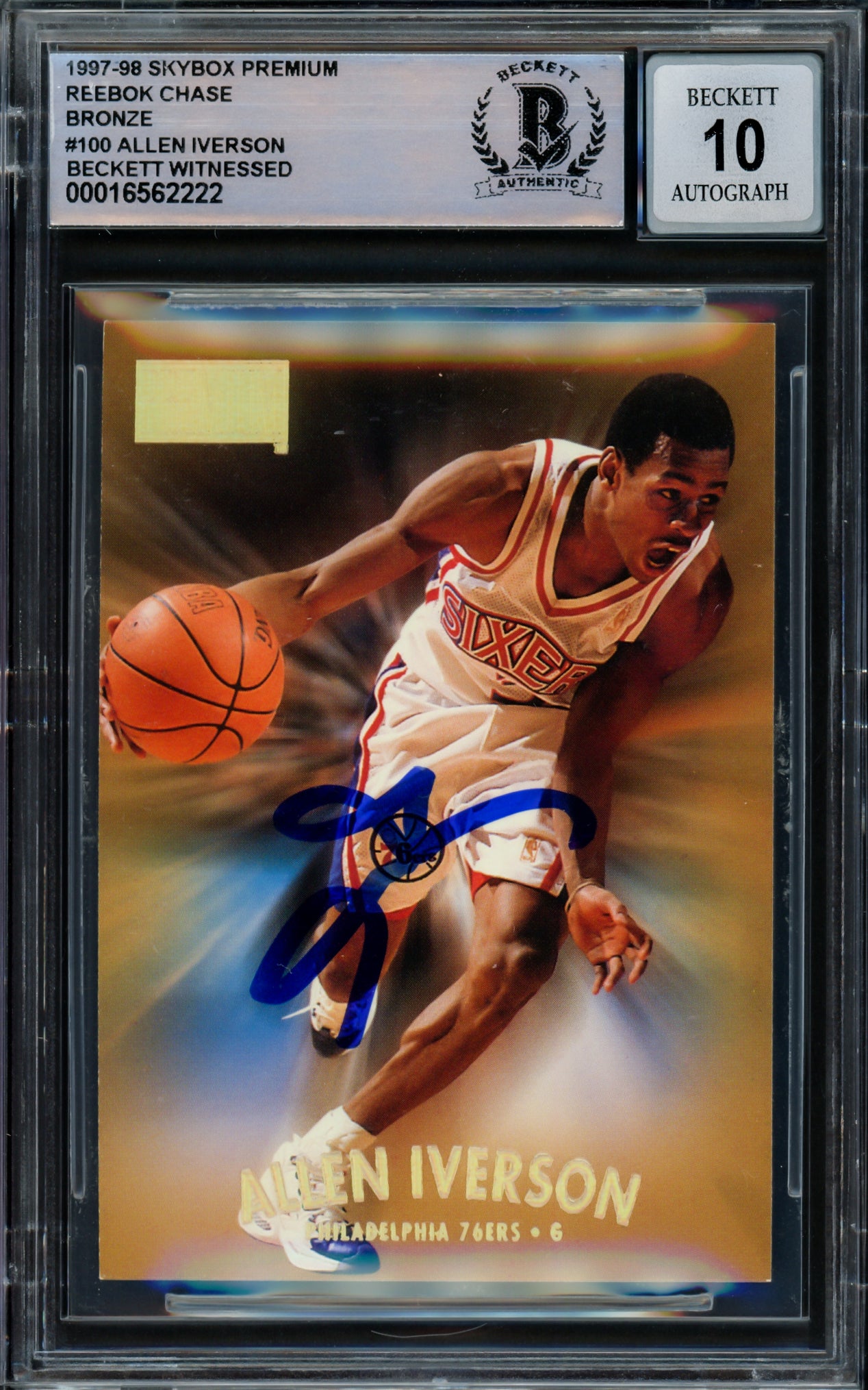 Allen Iverson Autographed 1997-98 Skybox Premium Reebok Bronze Card #100 - Philadelphia 76ers - Beckett BAS Gem Mint 10 - Witnessed #16562222 - Perfect for NBA Memorabilia Collectors & Sports Fans Display