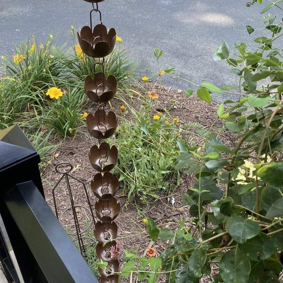 Lily Cup Rain Chain - Decorative Copper Rainwater Downspout for Garden & Patio - Flamed Finish for Rustic Outdoor Decor