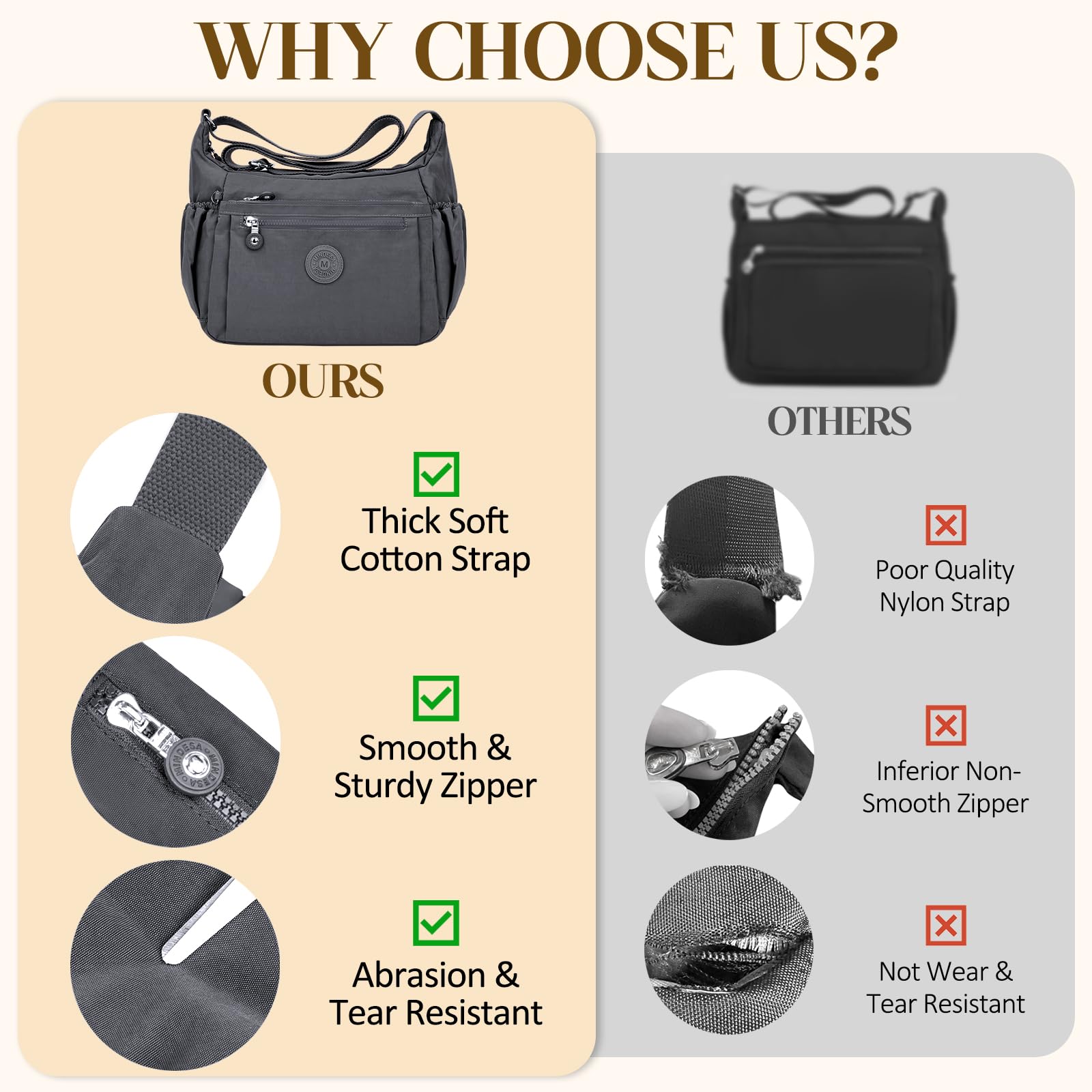 Waterproof Nylon Crossbody Bag for Women - Lightweight Travel Purse with Multi-Pockets for Daily Use & Outings