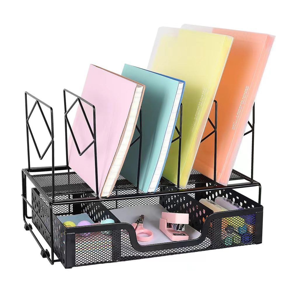 Gianotter Black Desk Organizer with Sliding Drawer - 5 Upright Section File Sorter for Office Supplies | Perfect for Home Office, Workspace, and School Desk Organization