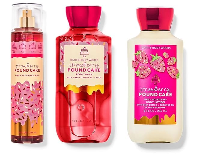 Bath & Body Works Strawberry Poundcake Gift Set - Fine Fragrance Mist, Body Wash & Nourishing Lotion | Sweet Gourmand Scent for Women | Perfect Birthday Gift, Valentine's Day Present & Self-Care Treat