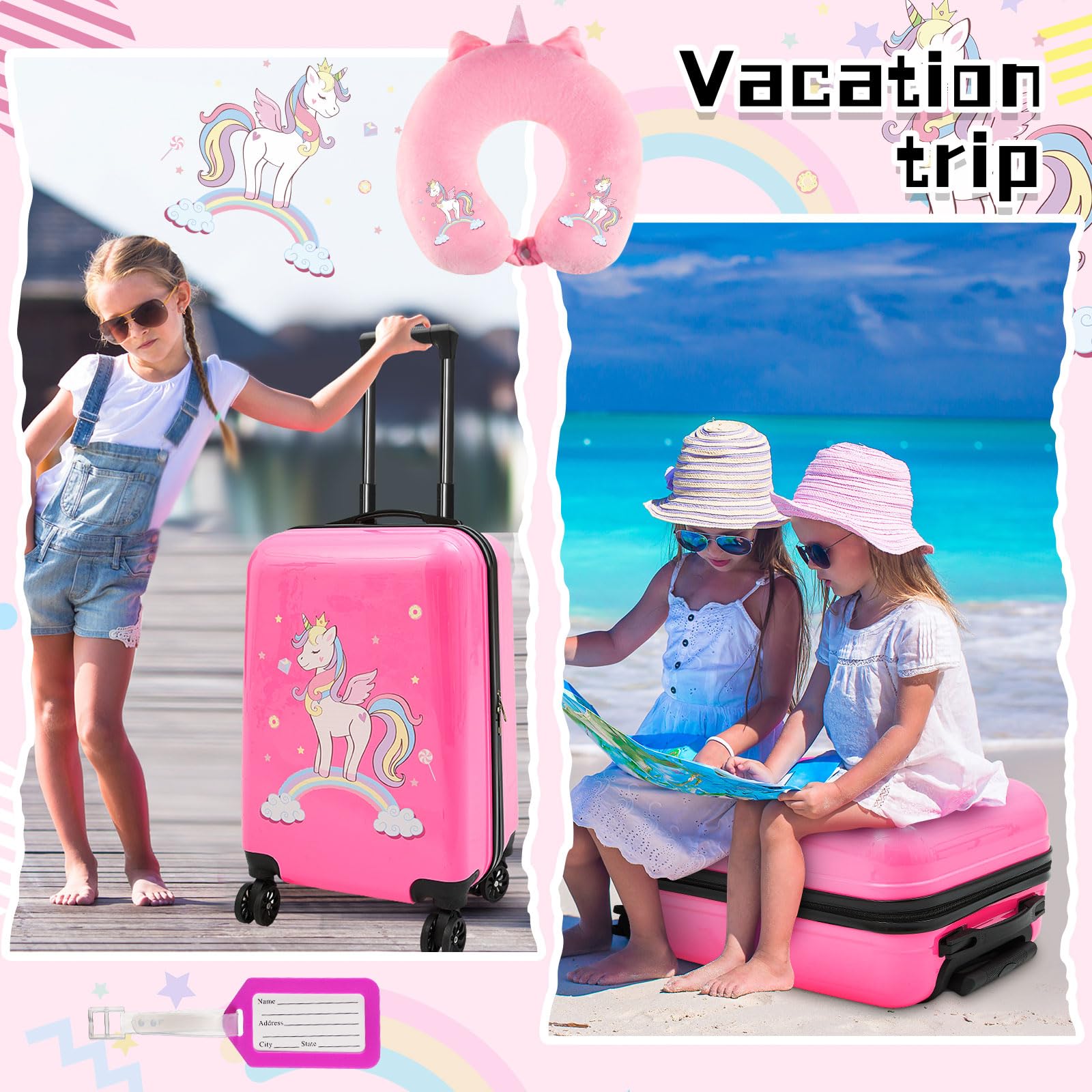 Sanwuta 6-Piece Kids Luggage Set - Pink Unicorn Rolling Suitcases for Girls (18