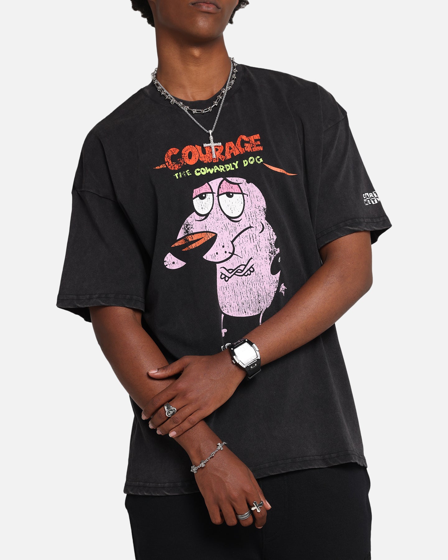 Vintage Courage The Cowardly Dog T-Shirt - Black Acid Wash Graphic Tee | Cartoon Network 73 Studio X Grail Collection | Perfect for Cosplay, Anime Conventions & 90s Nostalgia Fashion
