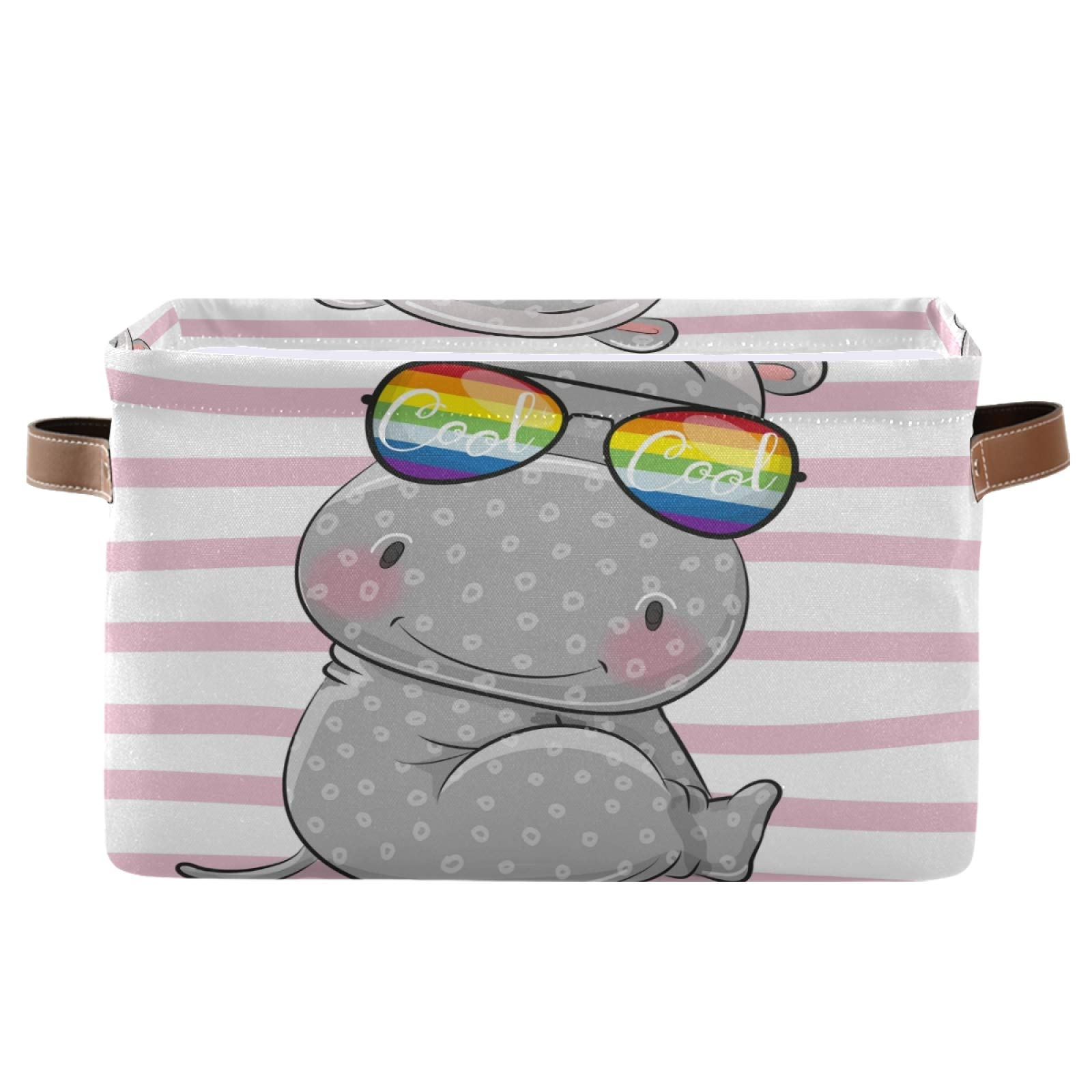 HANZHY Large Foldable Fabric Storage Bins with Handles - Cute Cartoon Hippo Design Organizer for Clothes, Toys, Blankets | Perfect for Closet, Shelves, Nursery & Playroom Organization