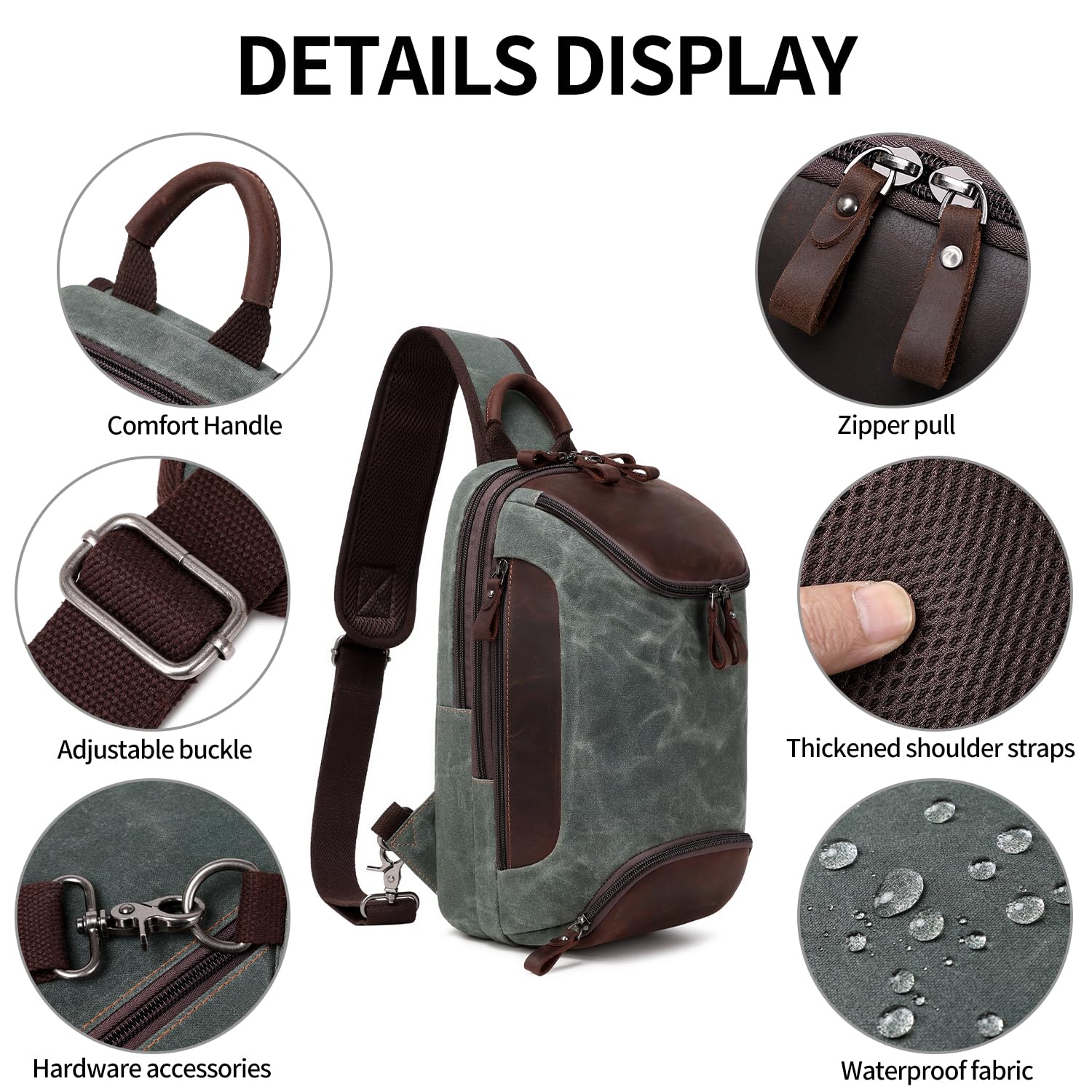 Men's Waxed Canvas & Leather Crossbody Sling Bag - Military Green Chest Shoulder Backpack for Travel, Hiking & Everyday Use